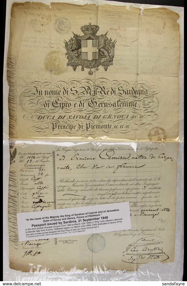 SARDINIA 1848 Magnificent Illustrated Passport "in The Name Of His Majesty The King Of Sardinia, Of Cyprus And Of Jerusa - Unclassified