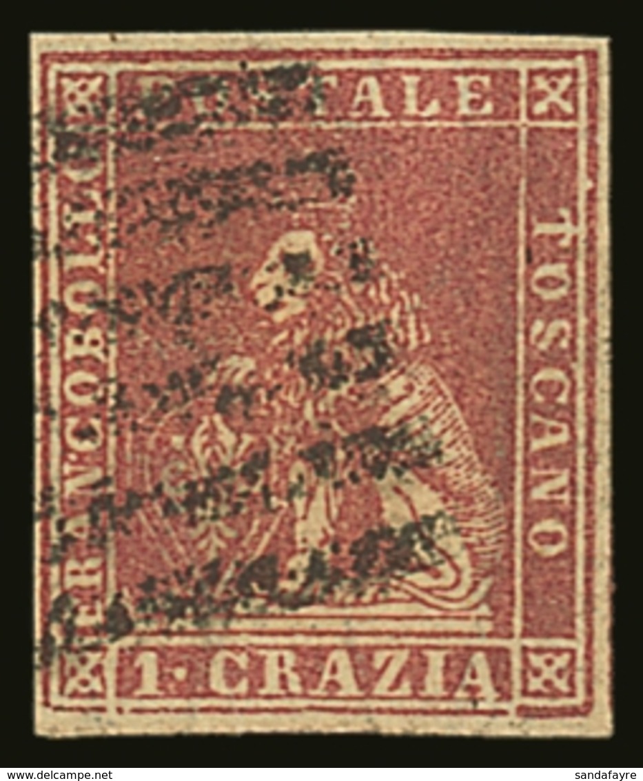 TUSCANY 1857-59 1 Cr Carmine, Sass12, Very Fine Used, Attractive With Good Colour, Four Margins And Neat Barred Cancel;  - Ohne Zuordnung