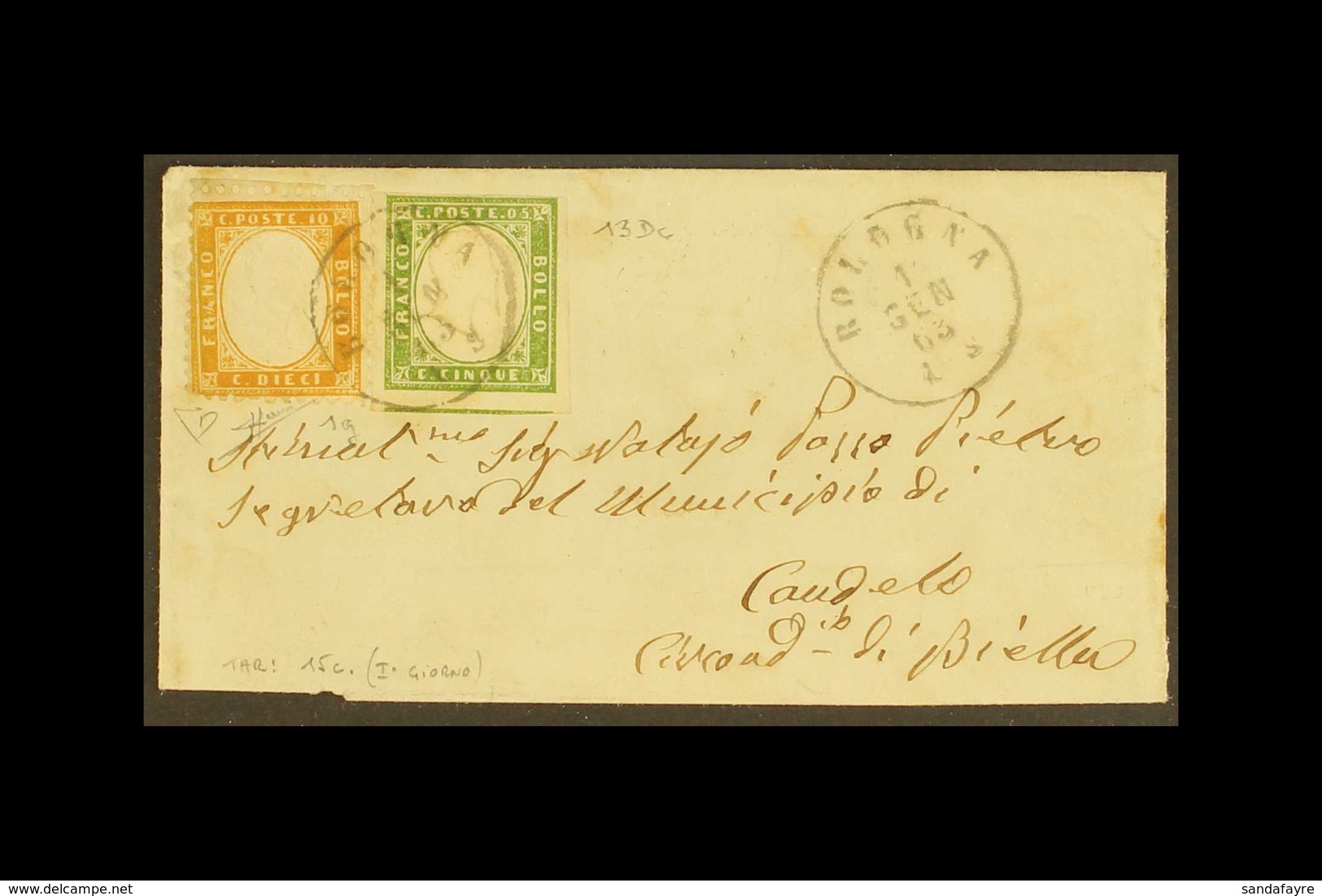1863 FIRST DAY NEW UNIFIED 15 CENT ITALIAN POSTAL RATE Important Cover From Bologna To Candelo Franked Italy 1852 10c Or - Unclassified