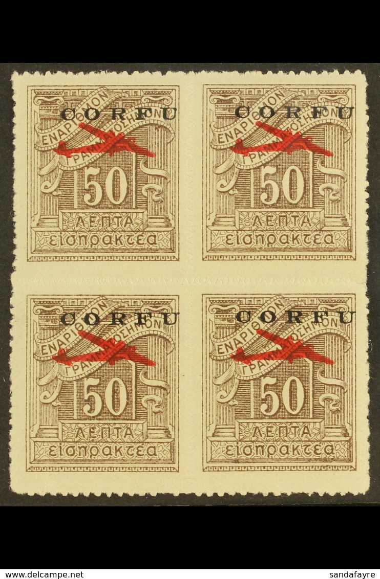 CORFU 1941 50L Brown Rouletted Air Overprint (Sassone 1, SG 21), Never Hinged Mint BLOCK Of 4, Fresh. (4 Stamps) For Mor - Unclassified