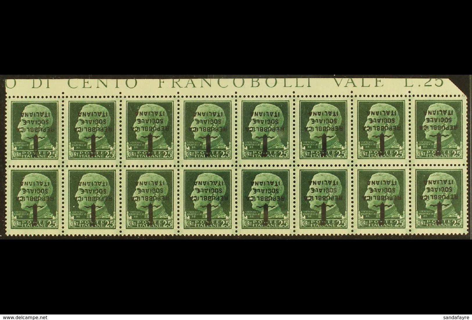 ITALIAN SOCIAL REPUBLIC (R.S.I.) 1944 25c Green Florence Overprint, With "OVERPRINT INVERTED" Variety, Sassone 491a, A S - Ohne Zuordnung