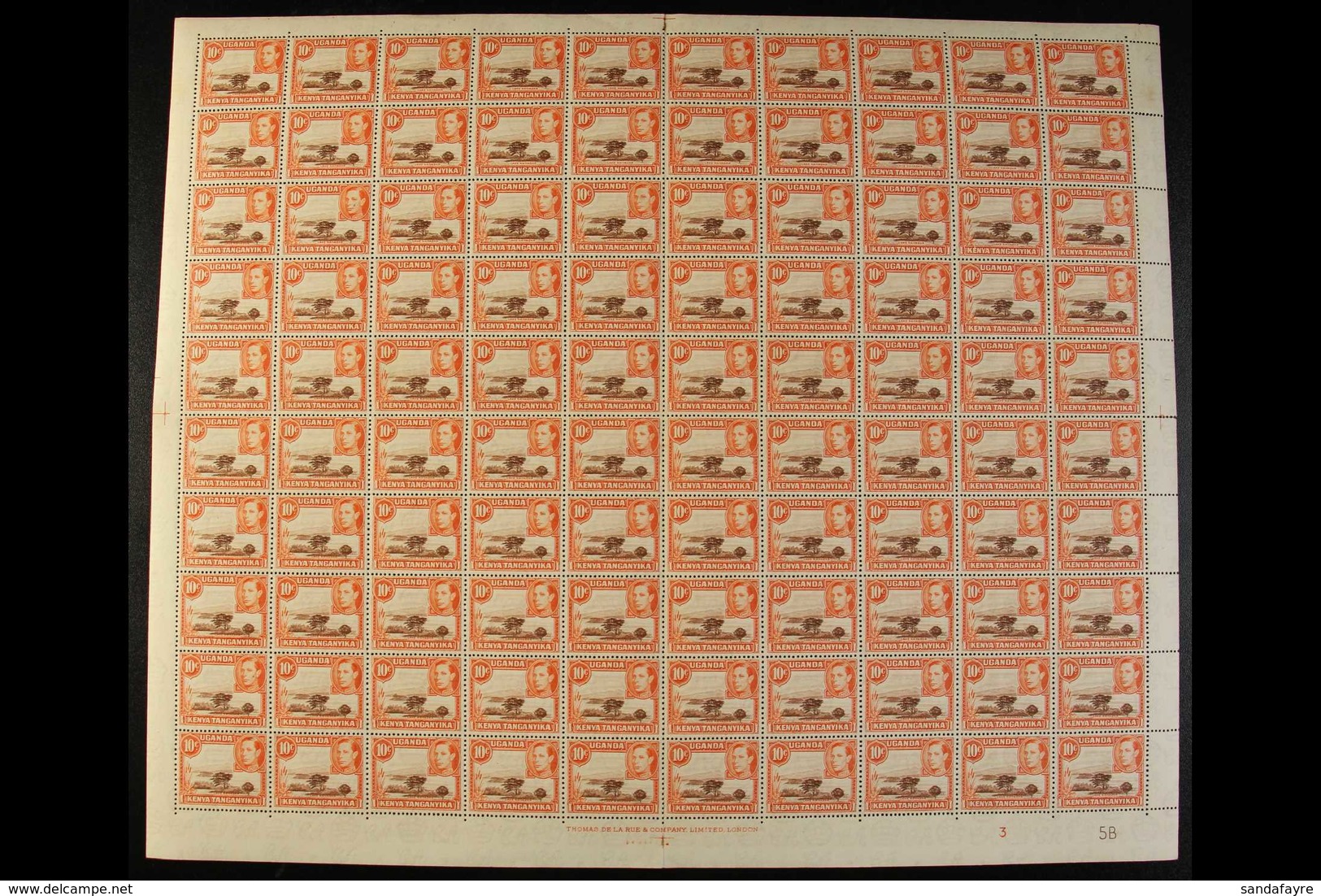 1938-54 10c Red-brown & Orange, P.13x11¾ In A FULL SHEET OF 100 STAMPS, SG 134, Never Hinged Mint, Some Light Toning And - Vide