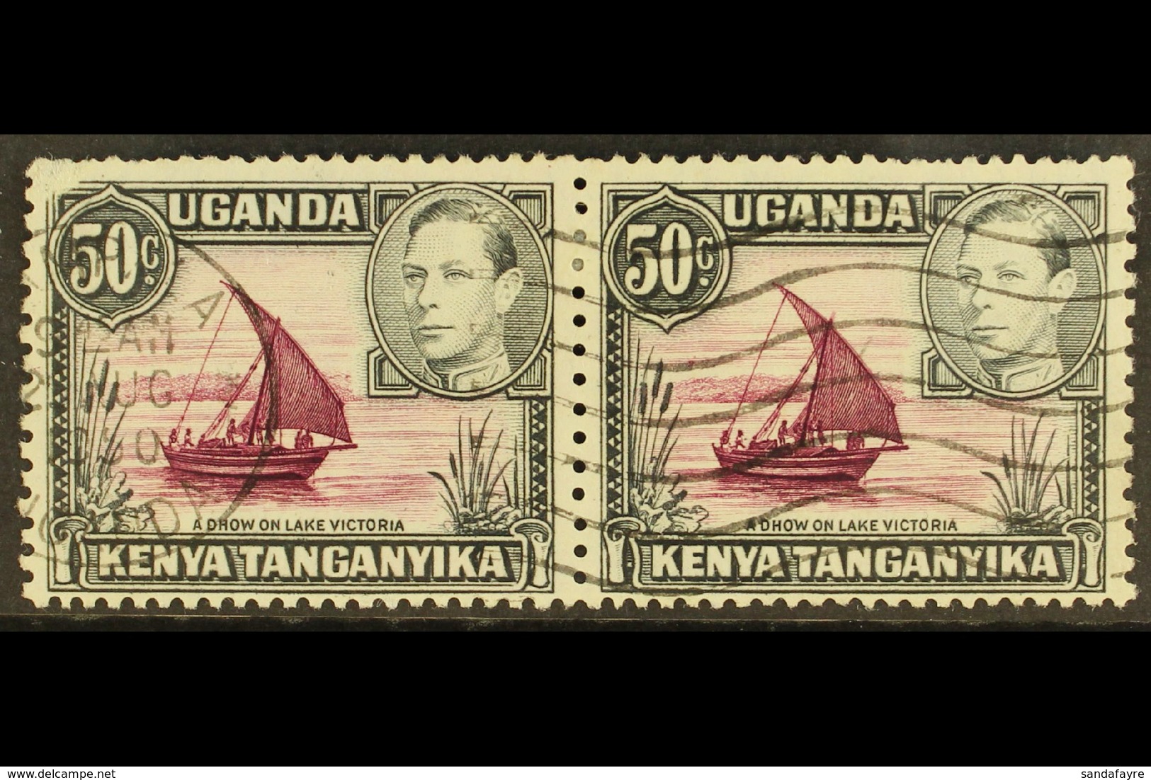 1950 50c Purple And Black, Horizontal Pair, One With Dot Removed, SG 144eb, Neatly Cancelled, Surface Scuff To Upper Lef - Vide