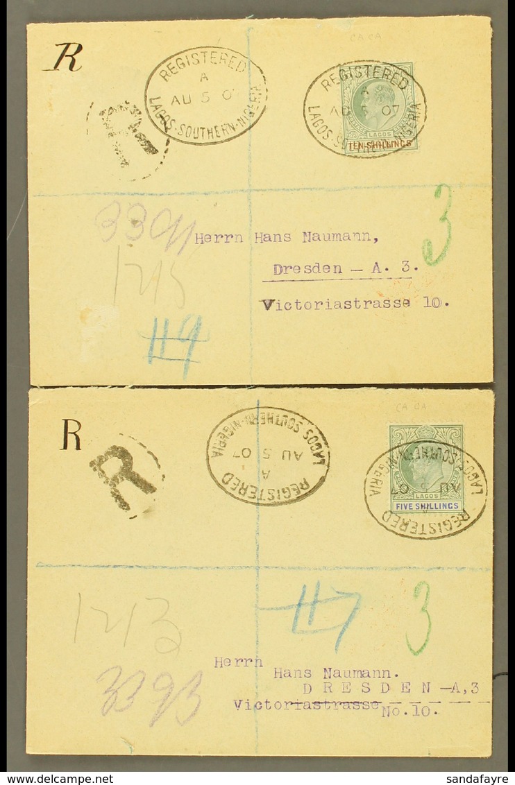 1907 (Aug) An Attractive Pair Of Philatelic Envelopes Registered To Germany, Bearing 1904-06 Ordinary Paper 5s Green And - Nigeria (...-1960)