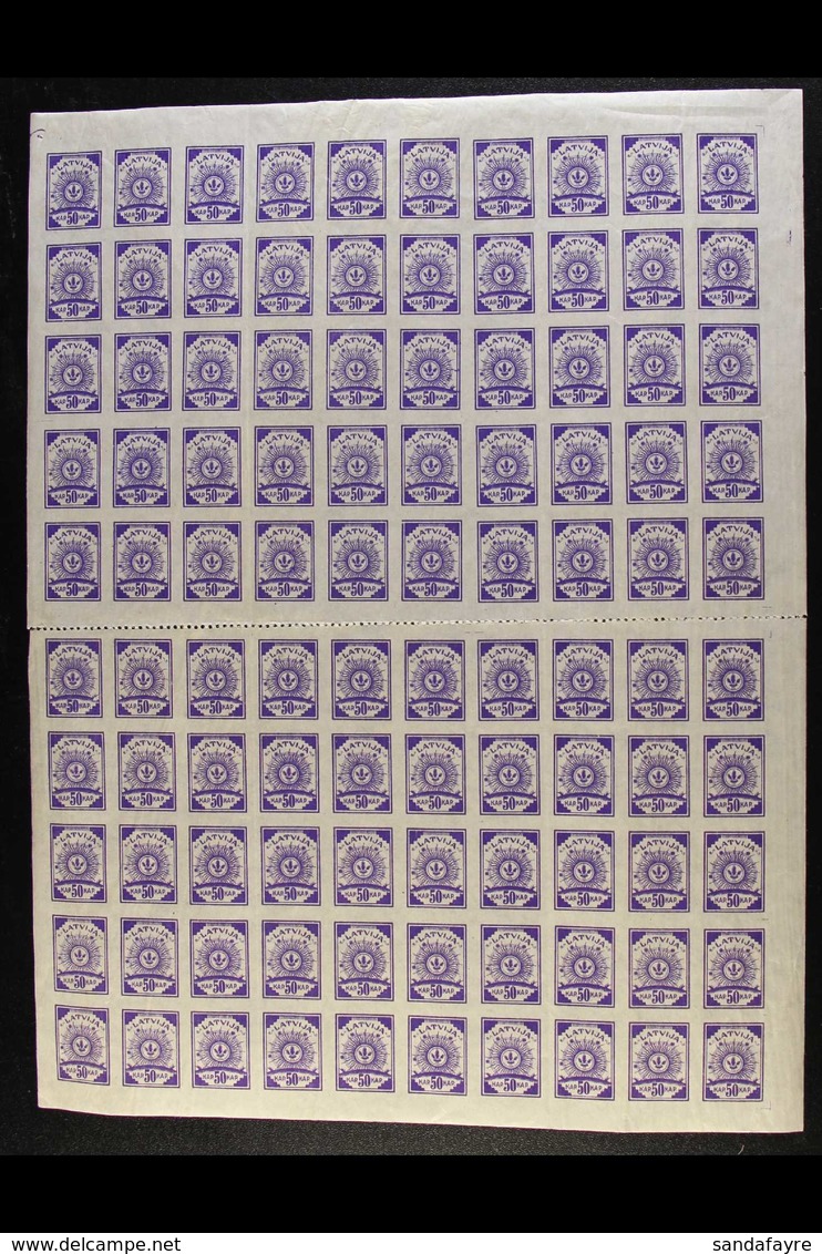 1919 50k Violet Imperf On Thin Paper (Michel 13 B/C, SG 13A), Fine Never Hinged Mint COMPLETE SHEET Of 100 Perforated Be - Lettland