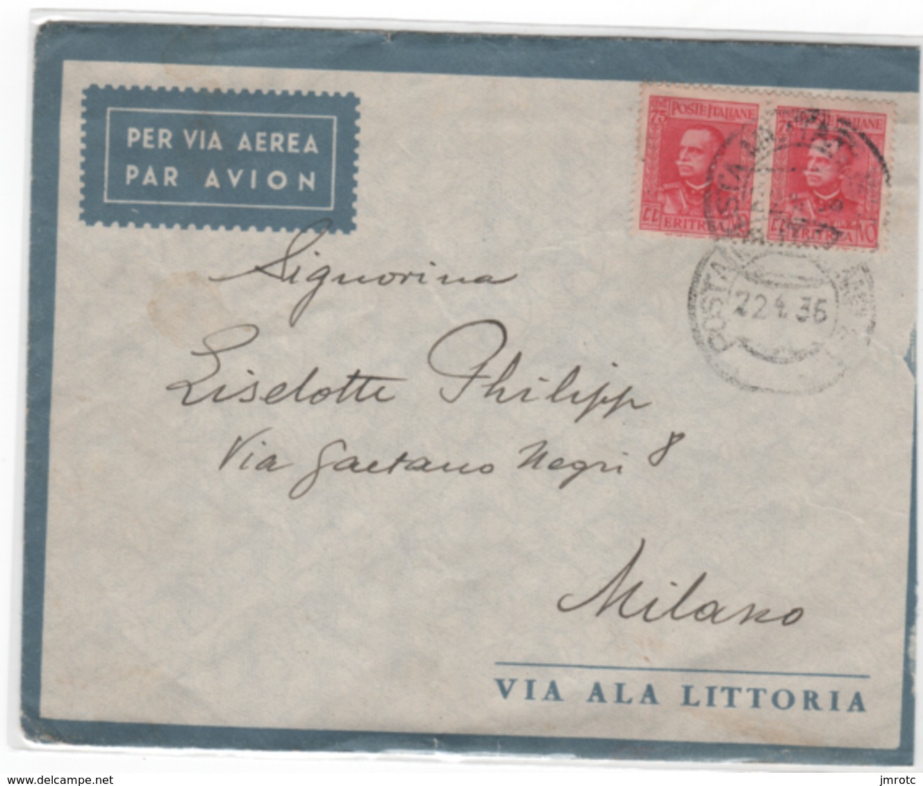 Lettre  1937  ERITHREE  Poste Militaire  , X3 - Erythrée