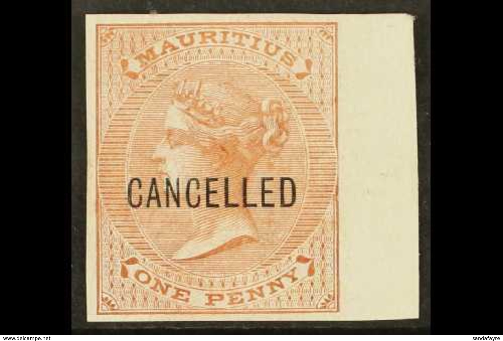 1863 1d Brown De La Rue (SG 57) IMPERF PLATE PROOF Overprinted "Cancelled" On White Surfaced Paper With 4 Good Margins.  - Mauritius (...-1967)