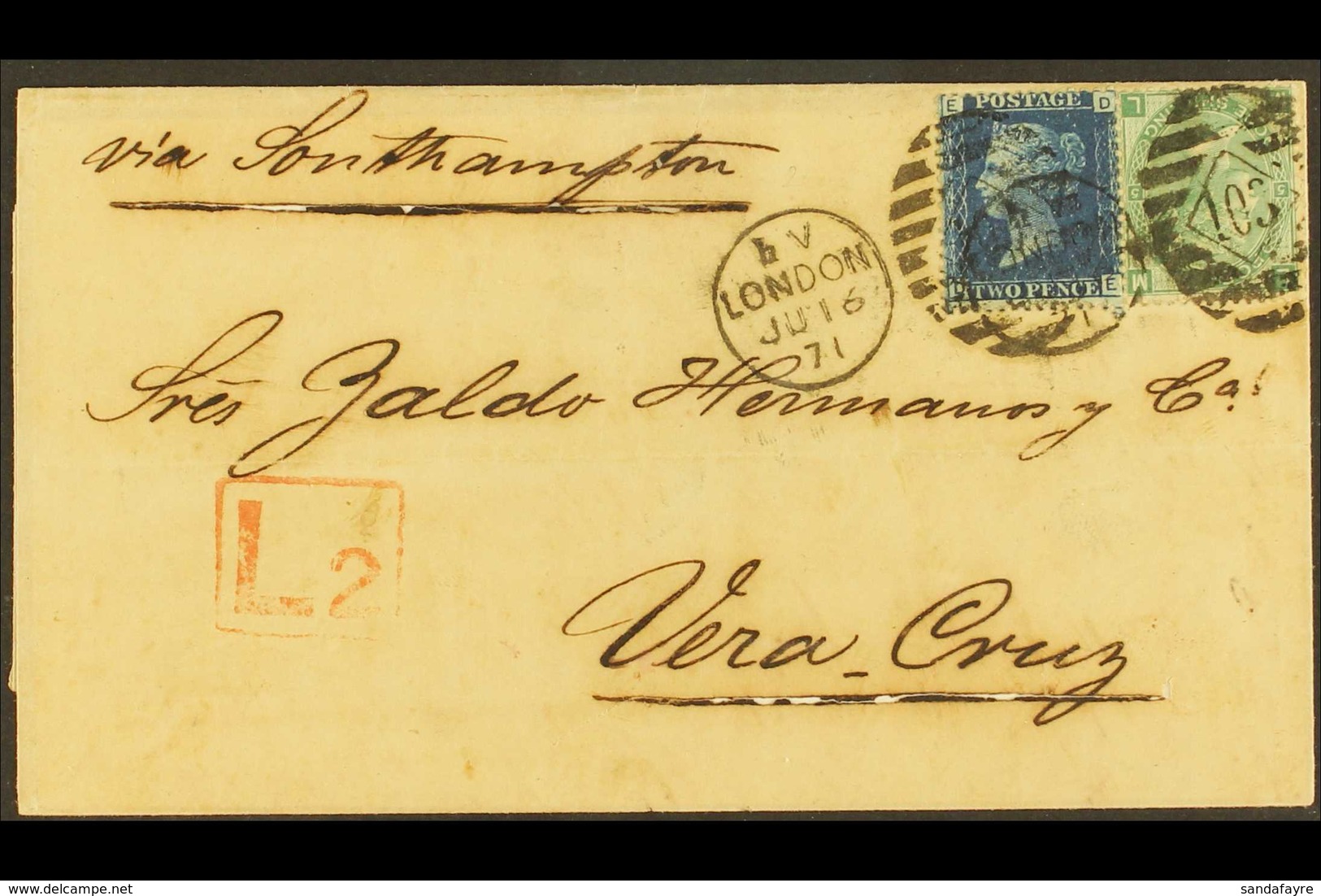 1871 INWARD MAIL 1871 (16th June) E/L To Vera Cruz From London Bearing GB 1858-76 2d Deep Blue Plate 13 (SG 47) & 1867-8 - Mexiko