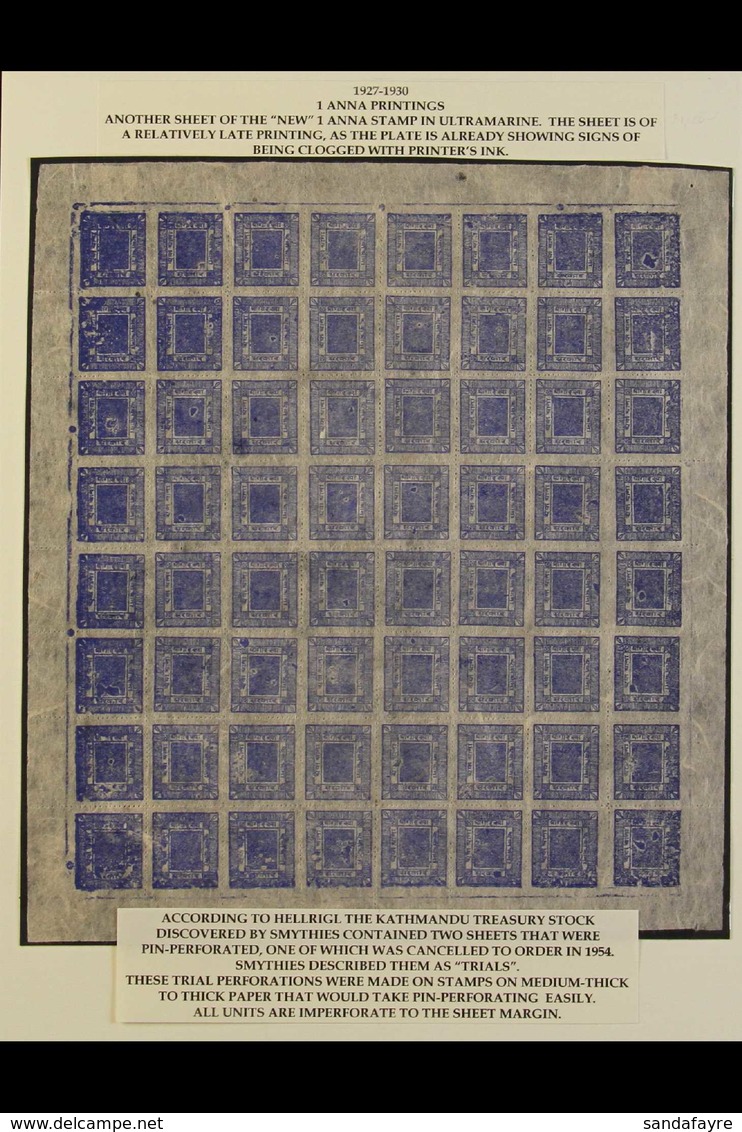 1927-30 Redrawn (plate II) 1a Ultramarine, As SG 42a (Hellrigl 44c), But PIN-PERF (Scott 29Ac) - A Unused COMPLETE SHEET - Nepal