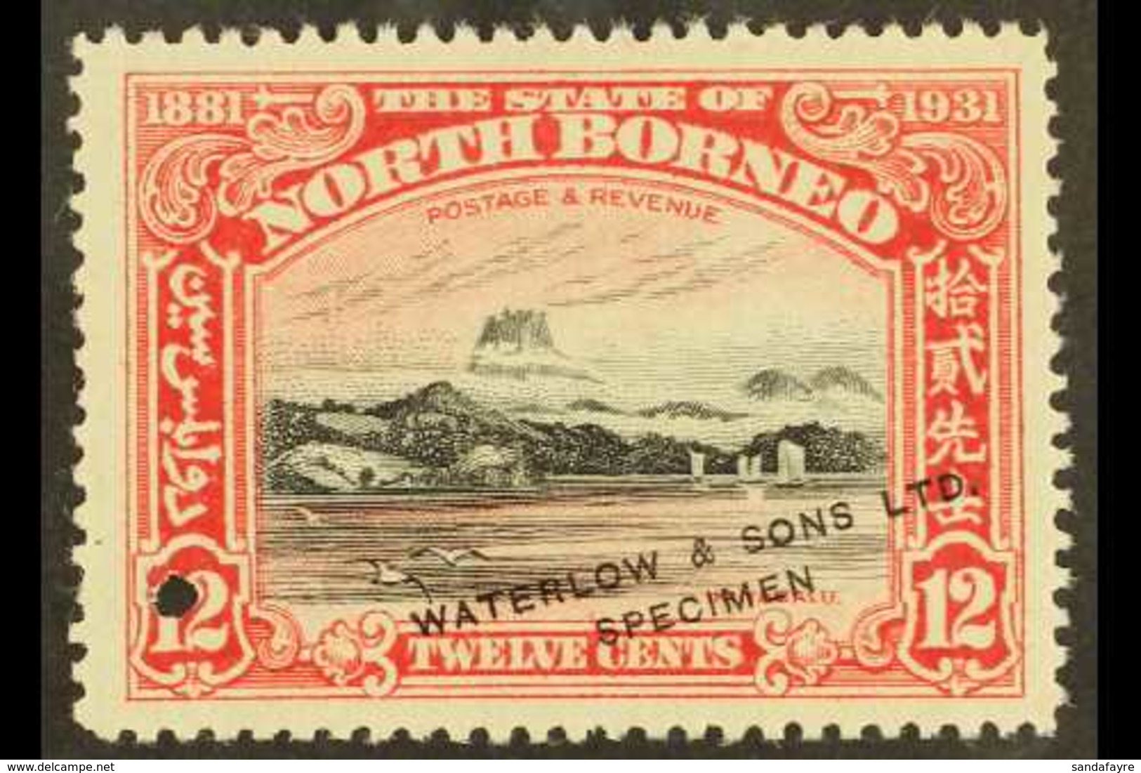 1931 12c Mountain BNBC Anniversary SAMPLE COLOUR TRIAL In Black And Scarlet (issued In Black And Ultramarine), Unused Wi - Nordborneo (...-1963)