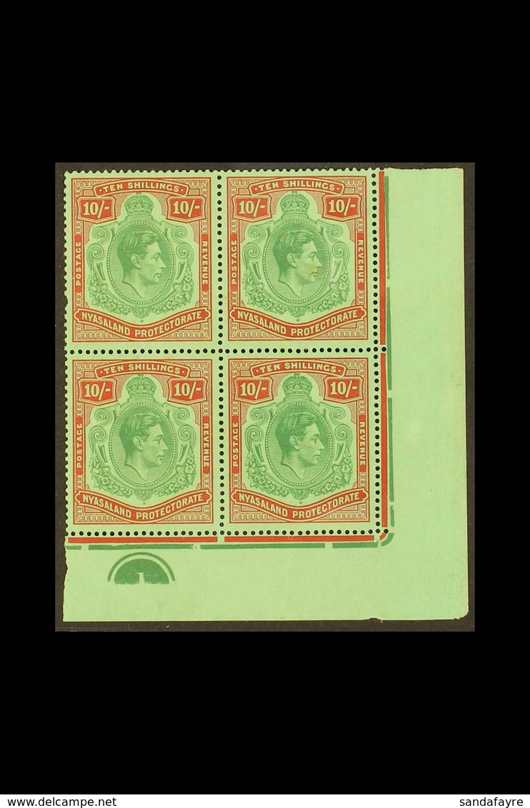 1938-44 10s Emerald And Deep Red / Pale Green, SG 142, Never Hinged Mint CORNER PLATE BLOCK OF FOUR. For More Images, Pl - Nyassaland (1907-1953)