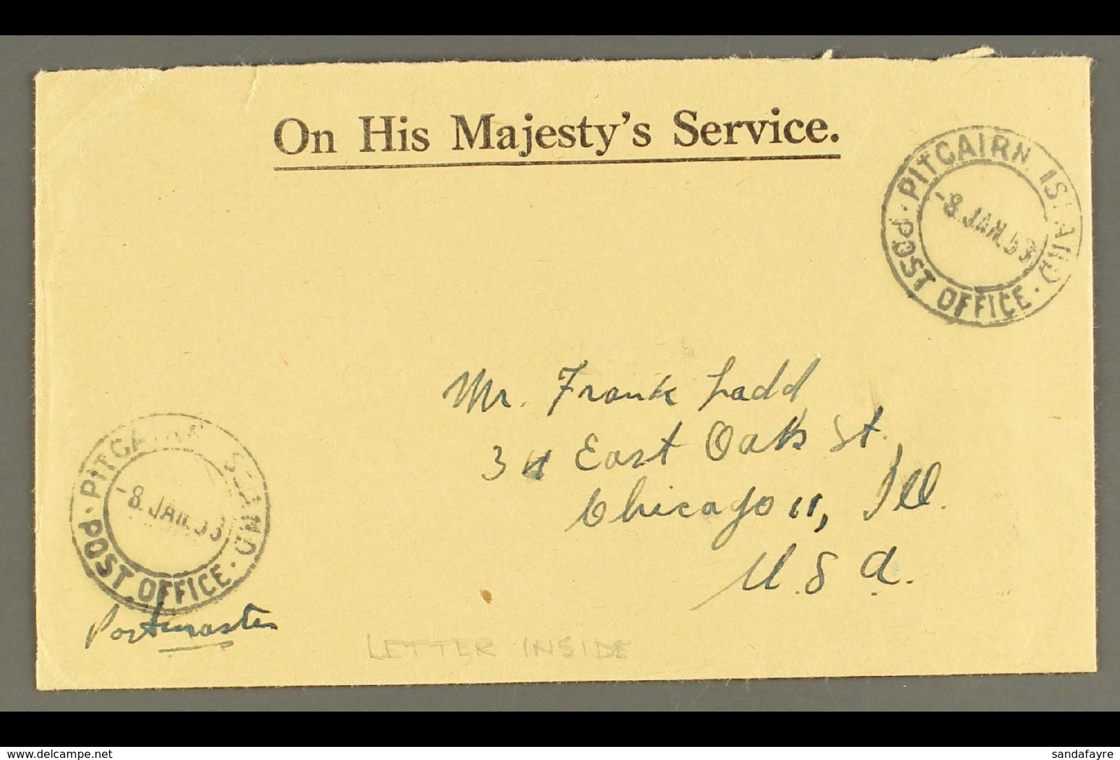 1953 (8 Jan) Stampless Printed 'OHMS' Envelope To Chicago With Two Fine Strikes Of "Pitcairn Island Post Office" Cds, En - Islas De Pitcairn