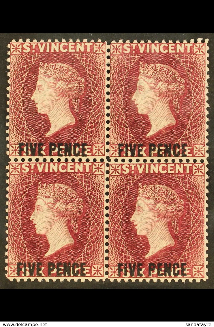 1893-94 5d On 6d Carmine-lake, SG 60, BLOCK OF FOUR Very Fine Mint, The Two Lower Stamps Never Hinged. For More Images,  - St.Vincent (...-1979)