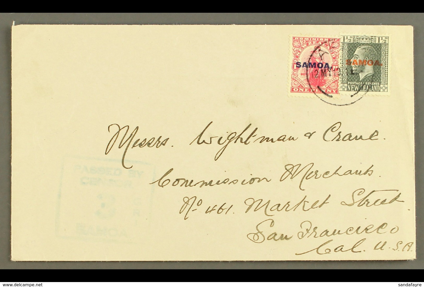 1919 Plain Cover To USA, Sent 2½d Rate, Franked 1d & KGV 1½d Slate, SG 116, 135, Apia 12.05.19 Postmark, Censor "3" Cach - Samoa (Staat)