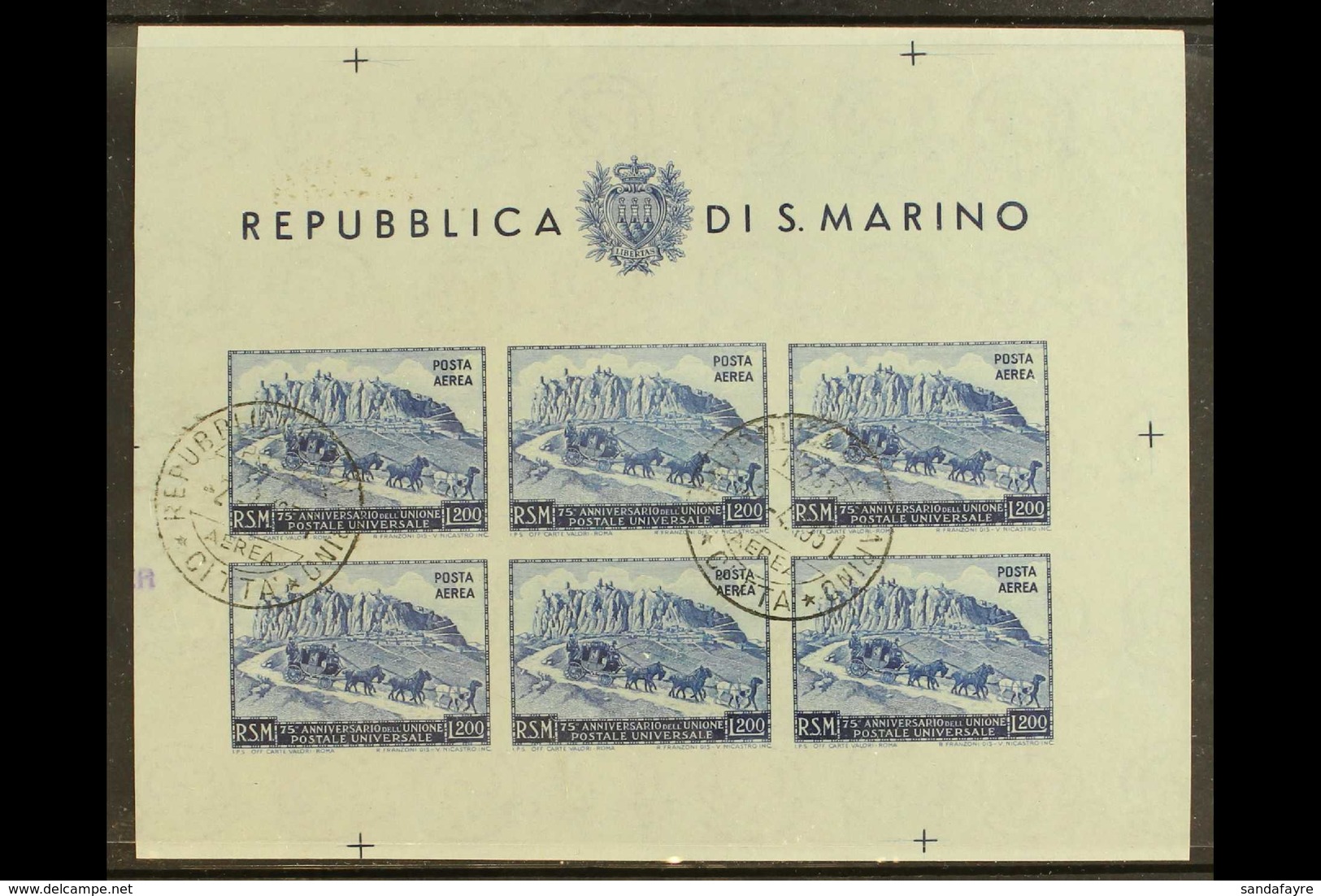 1951 200L Blue AIR UPU, Imperf Miniature Sheet, Sassone 11, Used, Small Imperfections. Cat €400 (£300) For More Images,  - Other & Unclassified