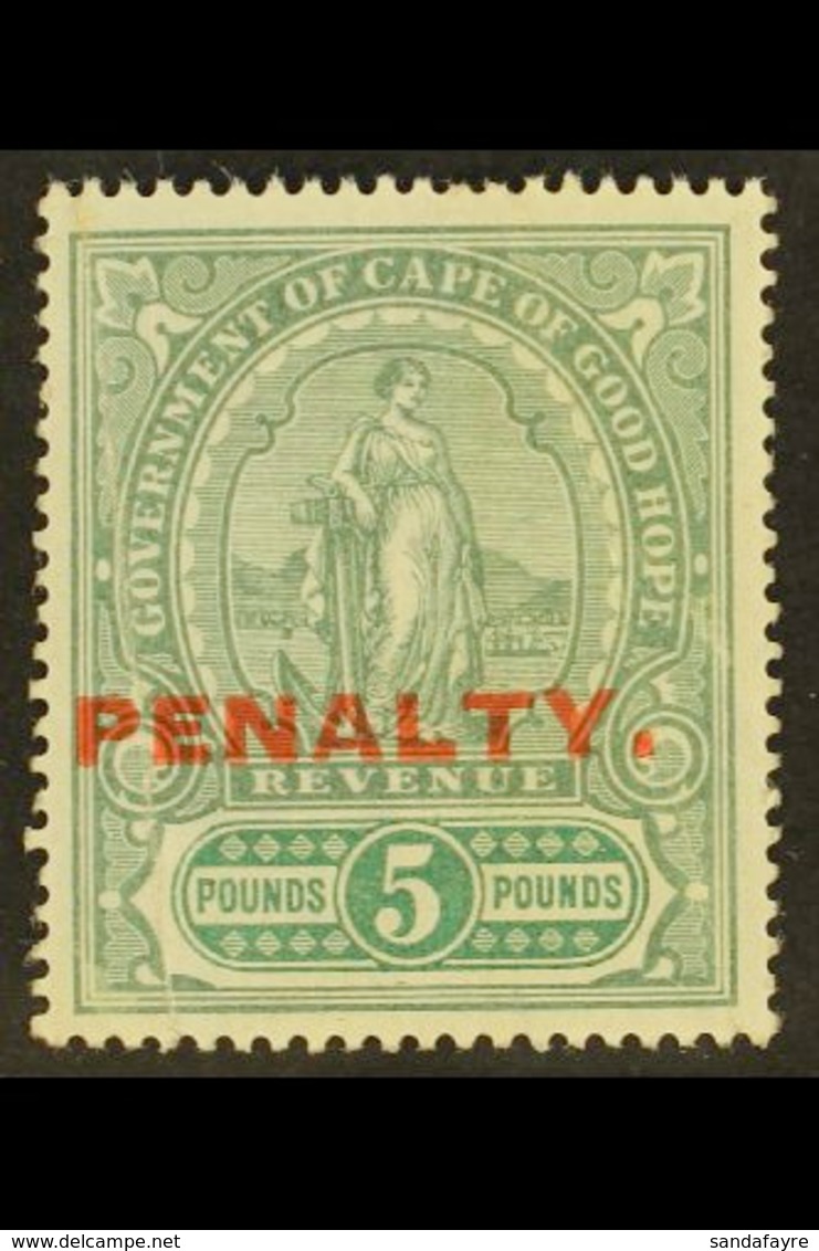 CAPE OF GOOD HOPE REVENUE - 1911 £5 Green & Green, Standing Hope Ovptd "PENALTY" Barefoot 11, Couple Of Vertical Creases - Sin Clasificación