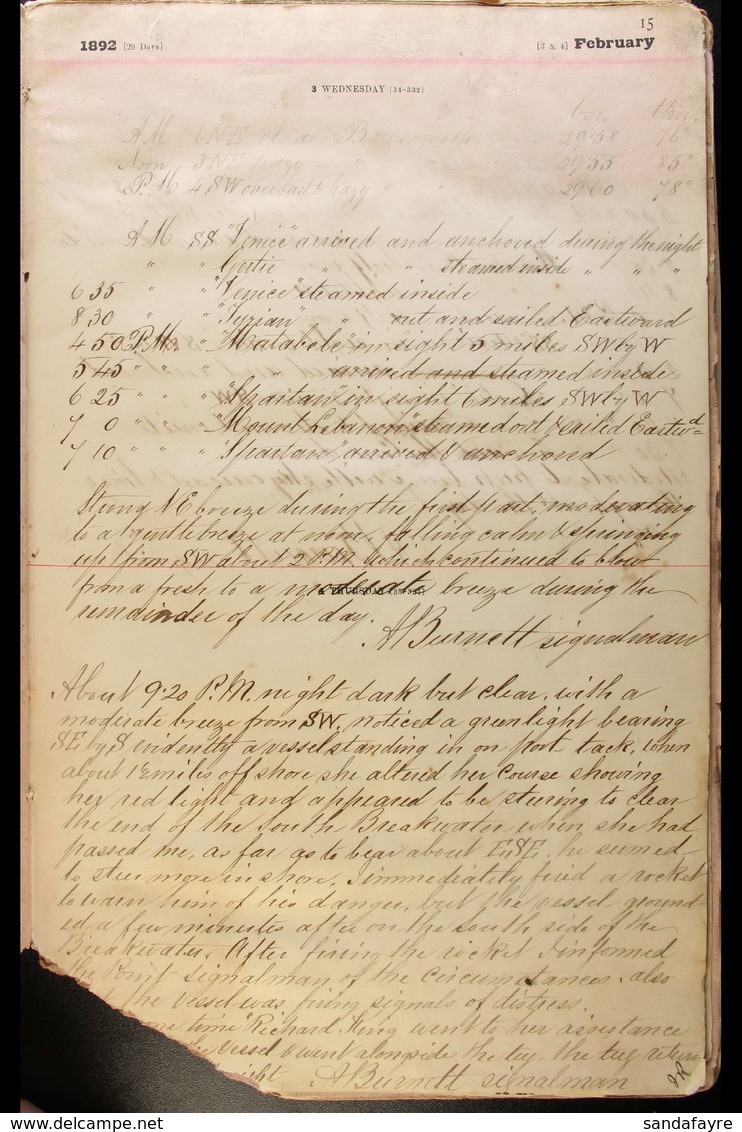 NATAL 1892 HARBOUR MASTER'S LOG - A Letts "Colonial Rough Diary For 1892" (distressed Condition But Generally Legible) U - Ohne Zuordnung