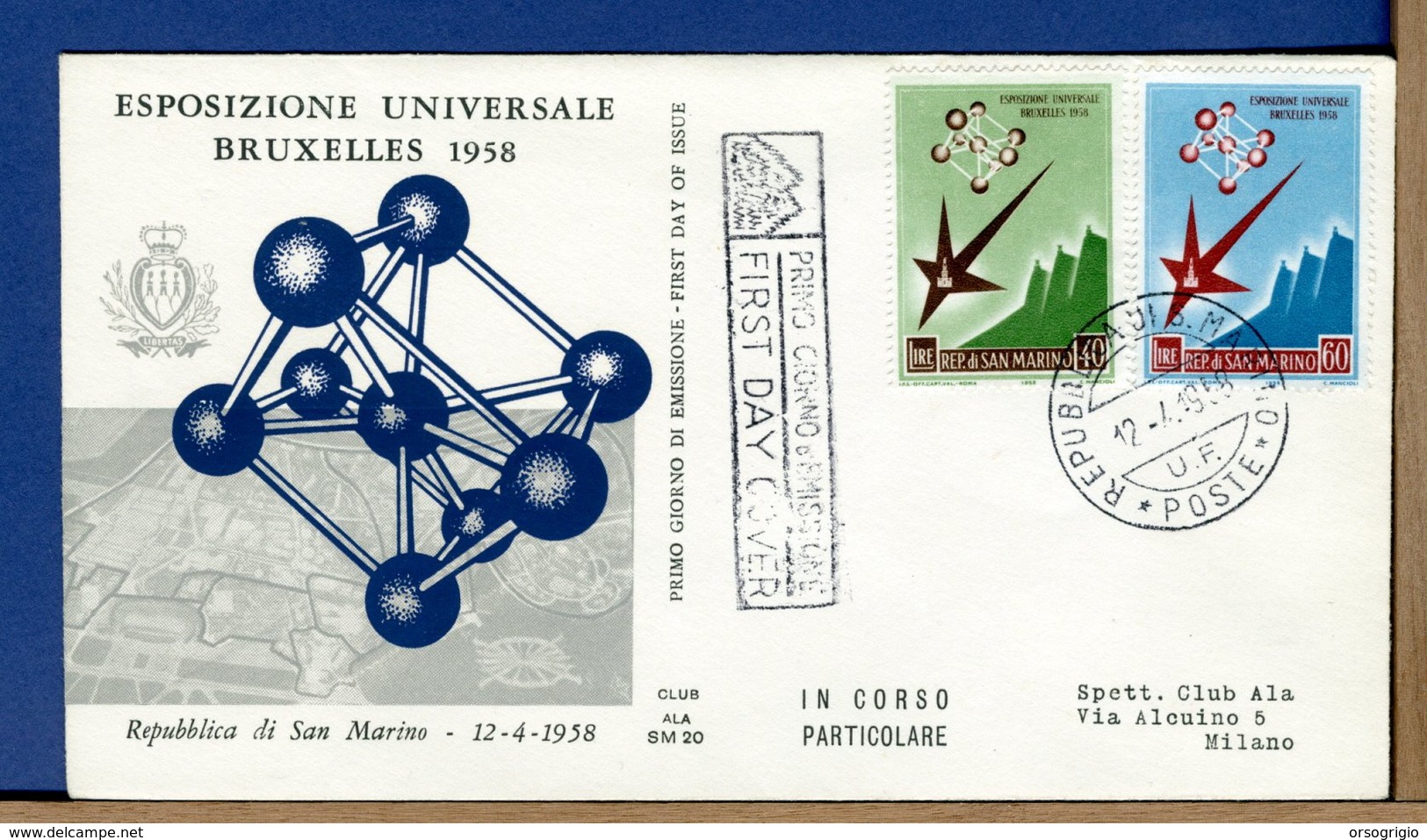 SAN MARINO - FDC - ALA - 1958 - ESPOSIZIONE UNIVERSALE BRUXELLES - FDC