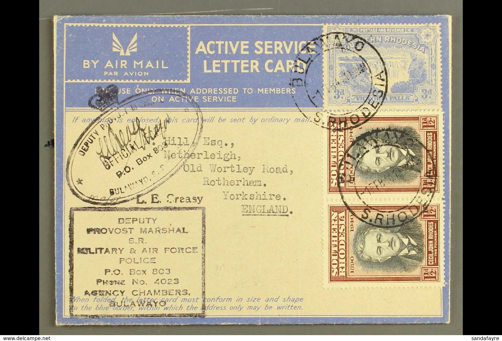 ACTIVE SERVICE LETTER CARD 1942 3d Ultramarine On Buff Without Overlay, Uprated With 1½d Pair Of Rhodes Cent. Stamps To  - Südrhodesien (...-1964)