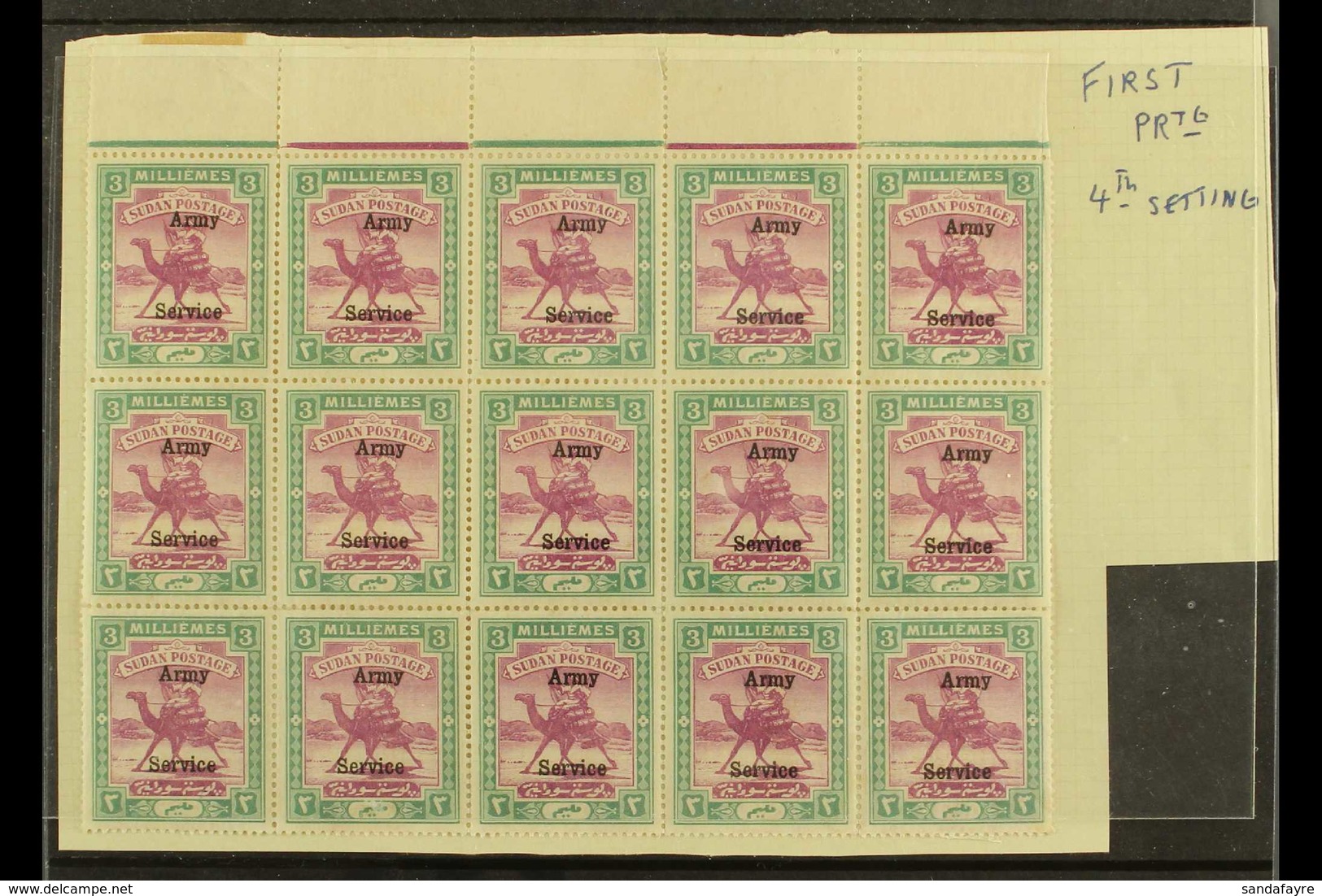 ARMY SERVICE 1906-11 3m Mauve And Green, SG A8, A Fine Mint Upper Marginal BLOCK OF FIFTEEN (5 X 3) From The First Print - Sudan (...-1951)