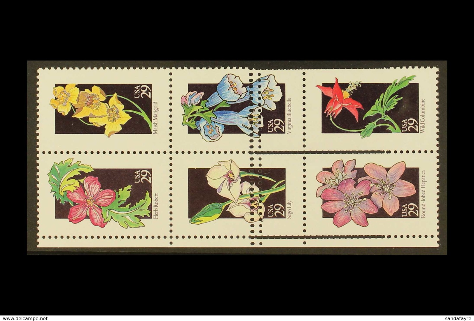 1992 PERFORATING ERROR 1992 Wild Flowers Block Of Six Different Showing Herb Robert, Marsh Marigold, Sergio Lily, Virgin - Sonstige & Ohne Zuordnung