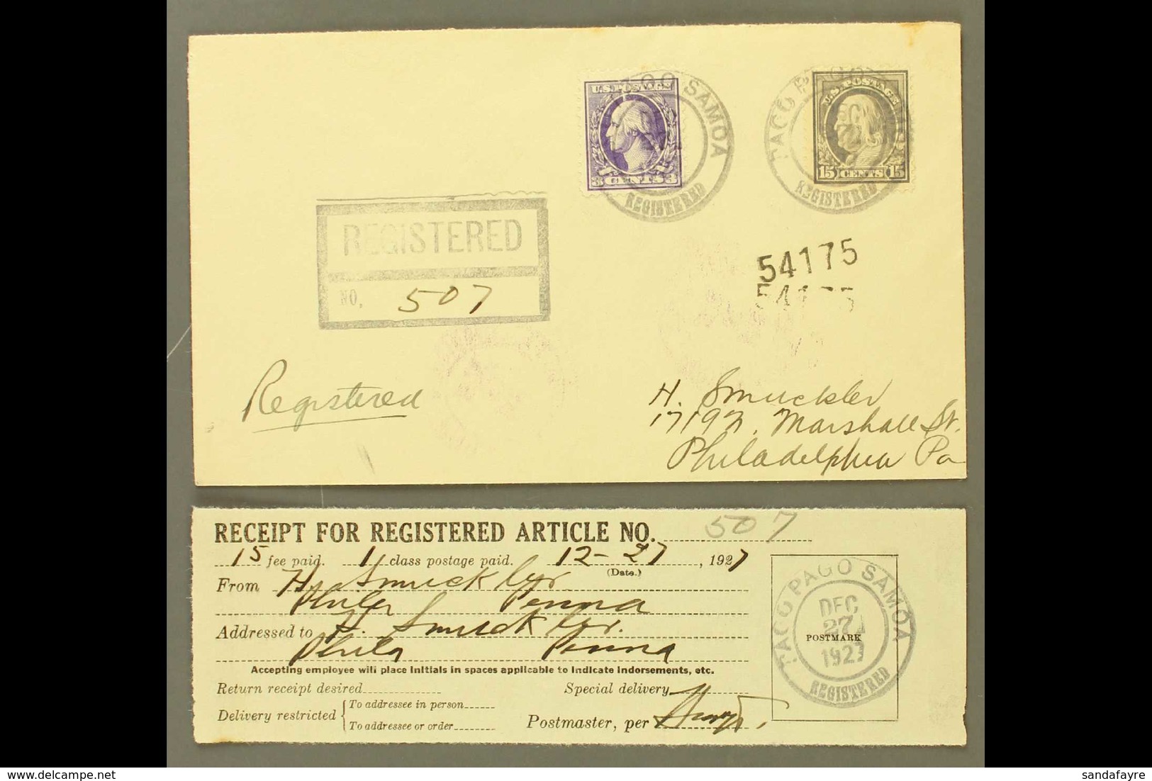 AMERICAN SAMOA 1927 (Dec 27) Registered Cover Franked With 3c Washington & 15c Franklin, Postmarked Pago Pago, Addressed - Other & Unclassified