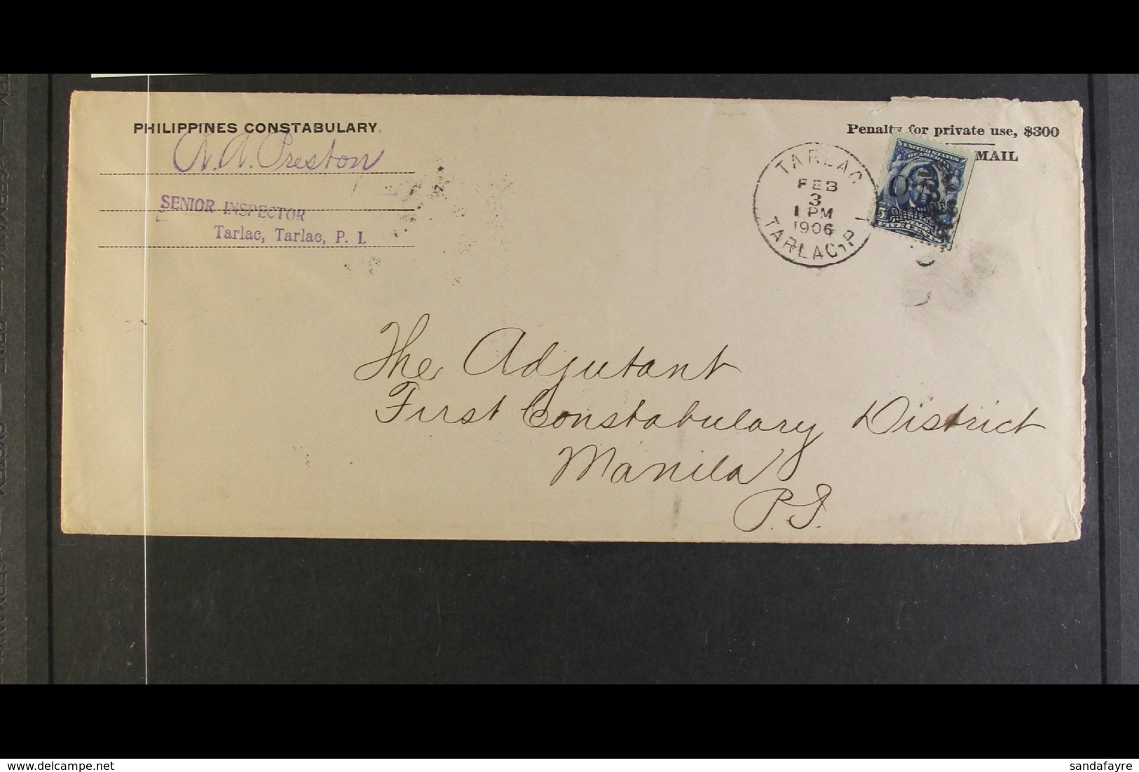 PHILIPPINES 1906 "OB" OFFICIAL HANDSTAMP On Cover. 1906 (3 Feb) Philippines Constabulary Printed Envelope Addressed To M - Other & Unclassified