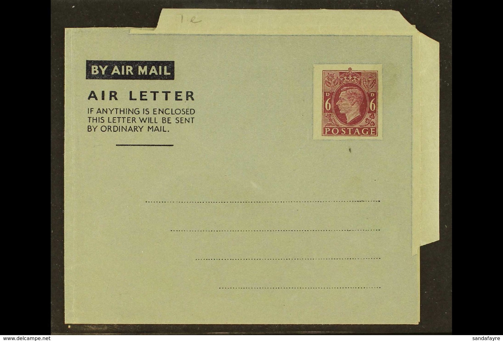 AEROGRAMME 1943-4 6d Brownish Purple On Bluish Overlay, 24.5mm Clear Space Around Stamp Imprint, Kessler 1e, Unused, Fin - Other & Unclassified