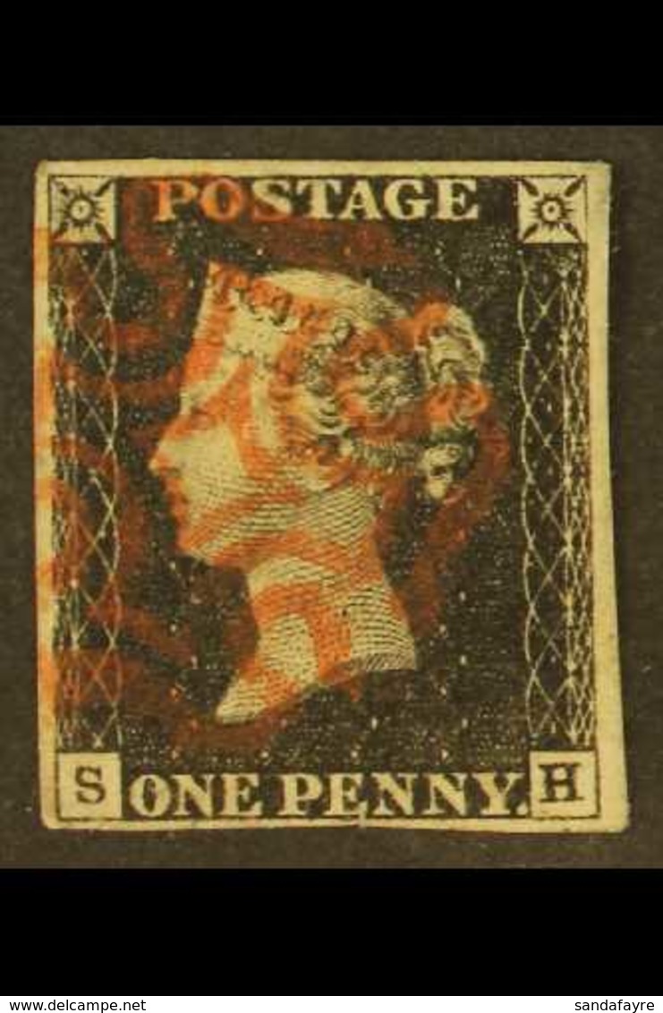 1840 1d Black 'SH' Plate 6, SG 2, Used With 4 Margins & Neat Red MC Cancellation, Tiny Thin At Top Right Corner. For Mor - Ohne Zuordnung