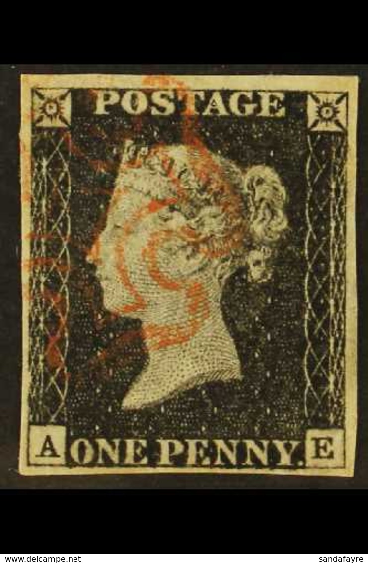 1840 1d Black 'AE' Plate 2, SG 2, Used With 4 Margins  For More Images, Please Visit Http://www.sandafayre.com/itemdetai - Ohne Zuordnung