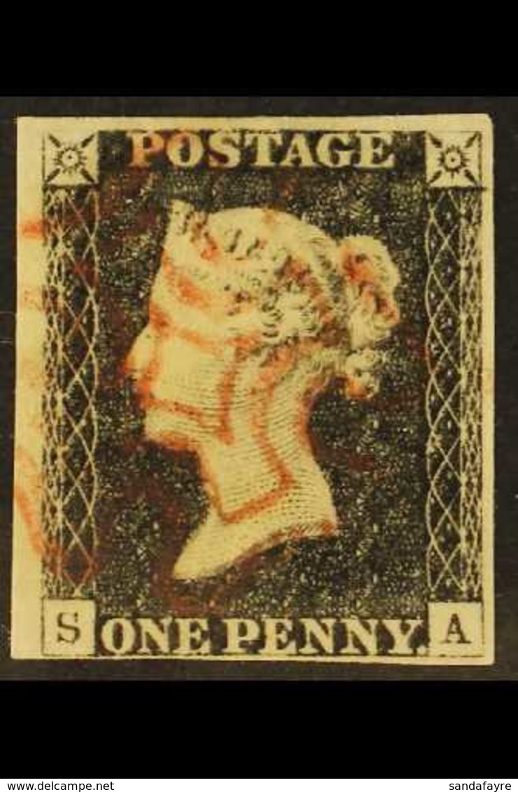 1840 1d Black 'SA' Plate 3, SG 2, Used With 4 Margins & Red MC Cancellation. For More Images, Please Visit Http://www.sa - Sin Clasificación