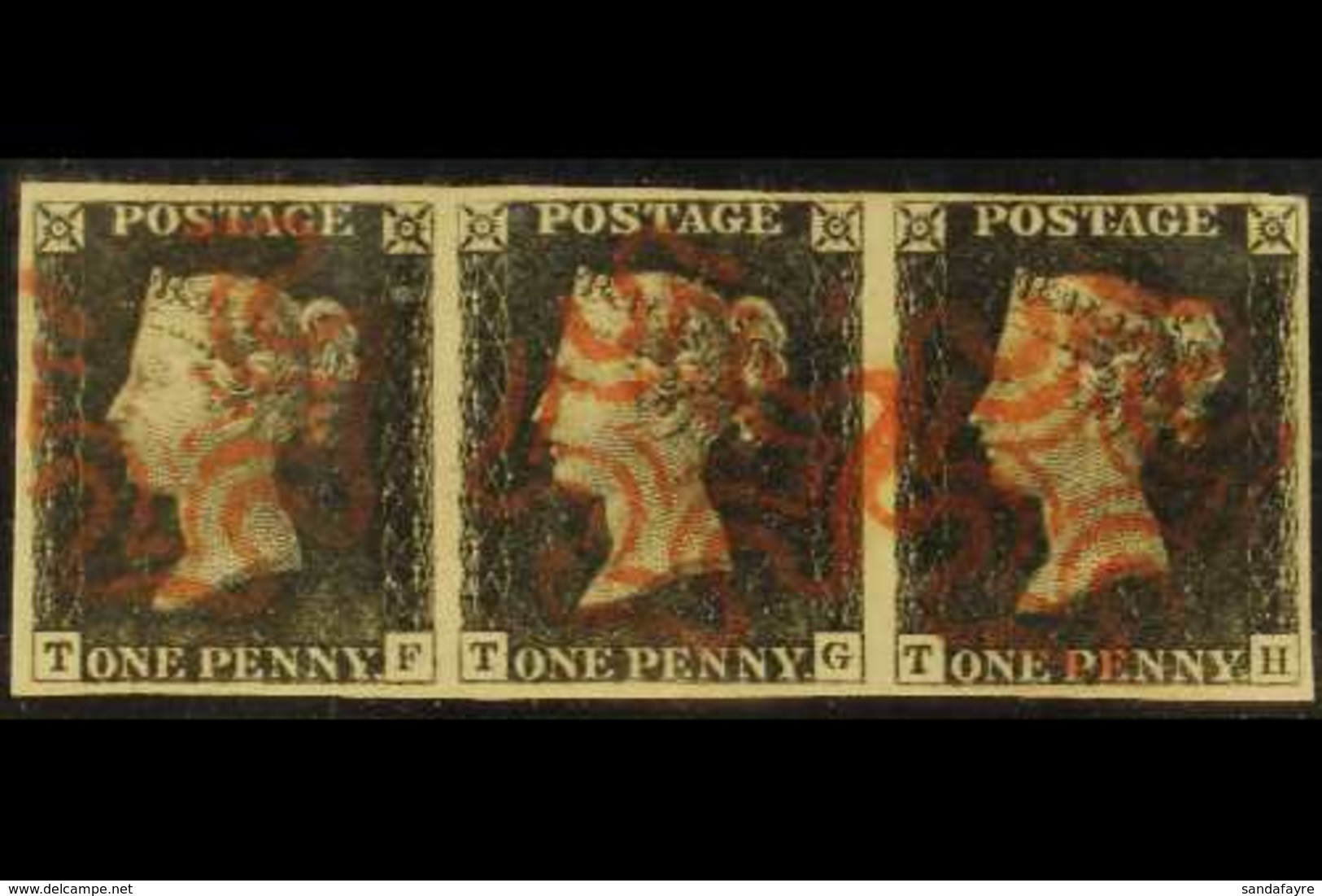 1840 1d Intense Black STRIP OF THREE 'TF - TH' From Plate 1b, SG 1, Used With 4 Large Margins & Superb Red MC Cancellati - Ohne Zuordnung