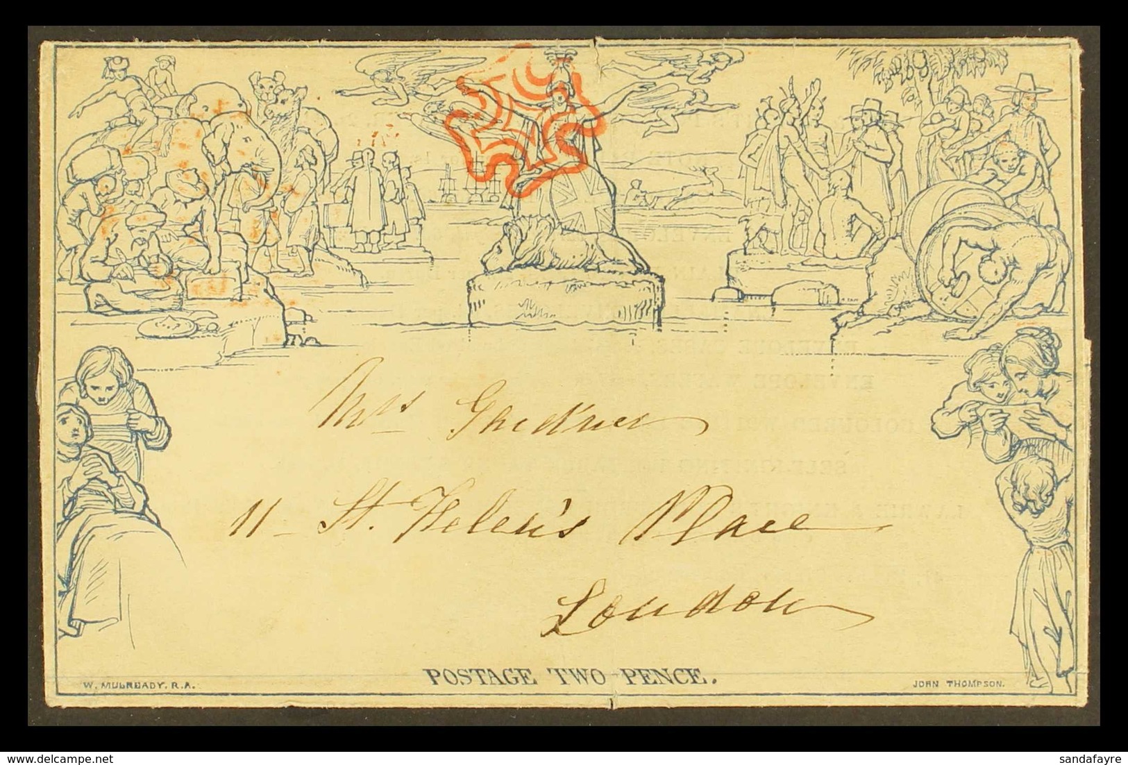 1840 MULREADY LETTER SHEET. (Aug 19th) 2d Blue Mulready Letter Sheet, Printed In Blue, Addressed To London, Used, Bearin - Sonstige & Ohne Zuordnung