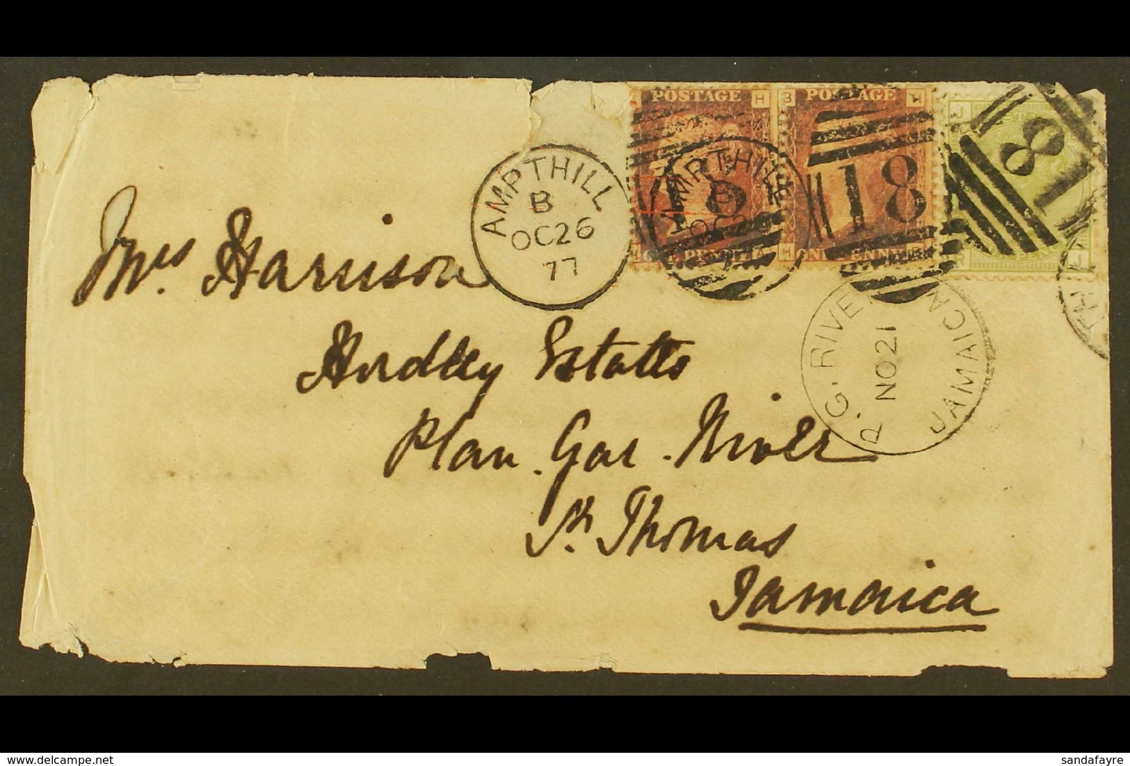 1877 (Oct 26) Cover To Jamaica (faults) Bearing 1858-79 1d Pair Plus 1877 4d Sage-green (SG 153) Plate 15, All Tied By A - Sonstige & Ohne Zuordnung