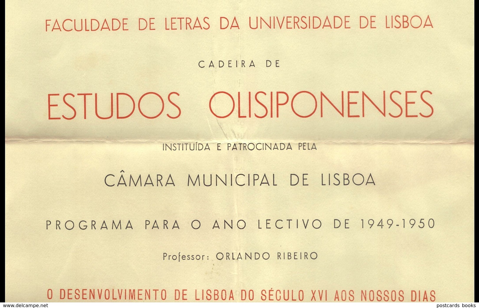 Programa FACULDADE LETRAS LISBOAcadeira ESTUDOS OLISIPONENSES Professor ORLANDO RIBEIRO Portugal 1949 - Programmes