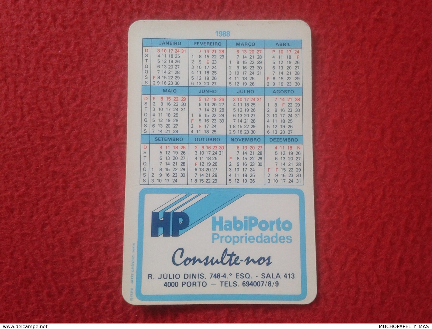 CALENDARIO DE BOLSILLO DE MANO PORTUGAL PORTUGUESE CALENDAR 1988 HABIPORTO PROPIEDADES PORTO OPORTO HASTA 2000 VER FOTOS - Tamaño Pequeño : 1981-90