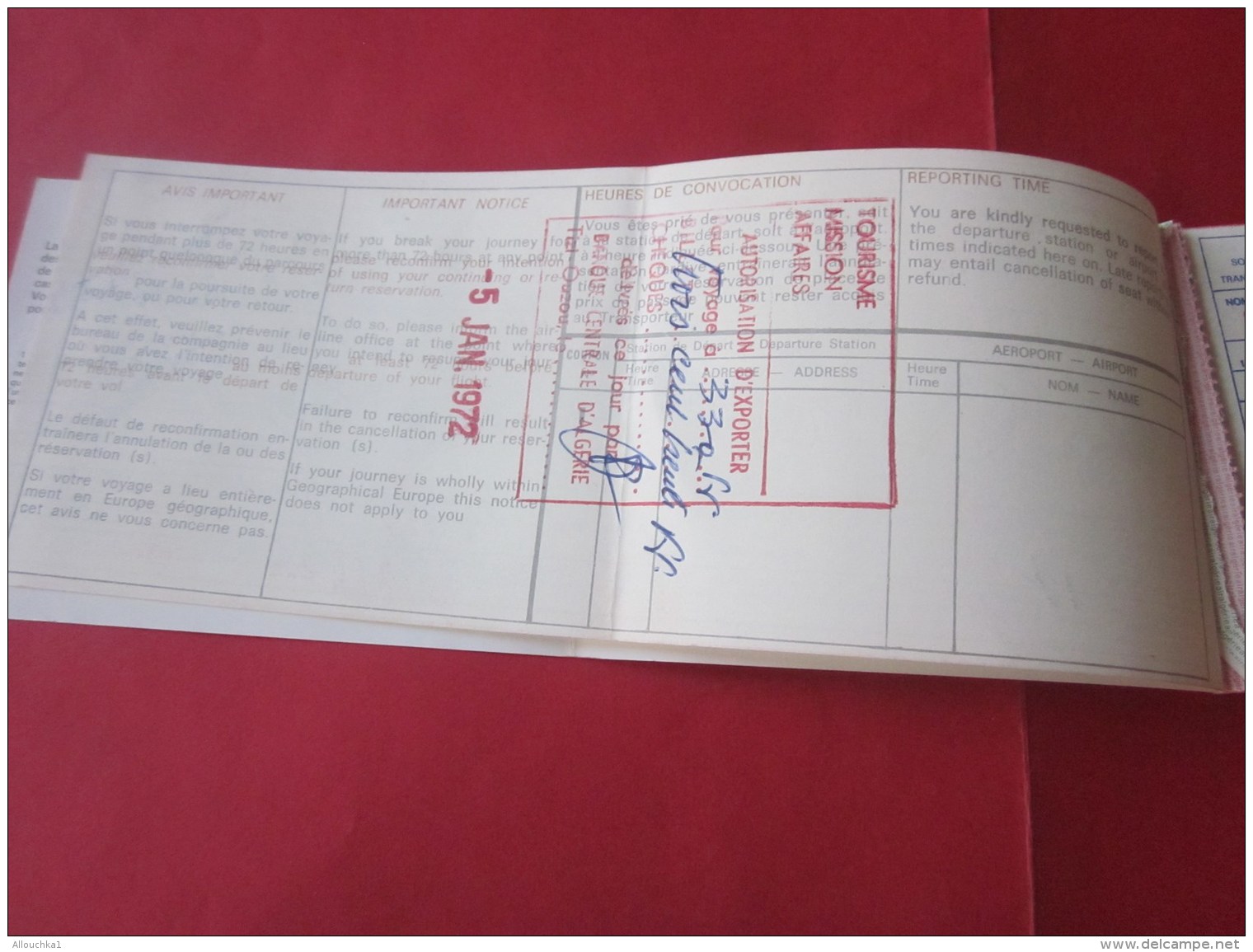 BILLET EMBARQUEMENT AVION ALGERIE  TITRE TRANSPORT TICKET LIGNE AERIENNE INTERNATIONALE ALGER /MARSEILLE 1973 - World