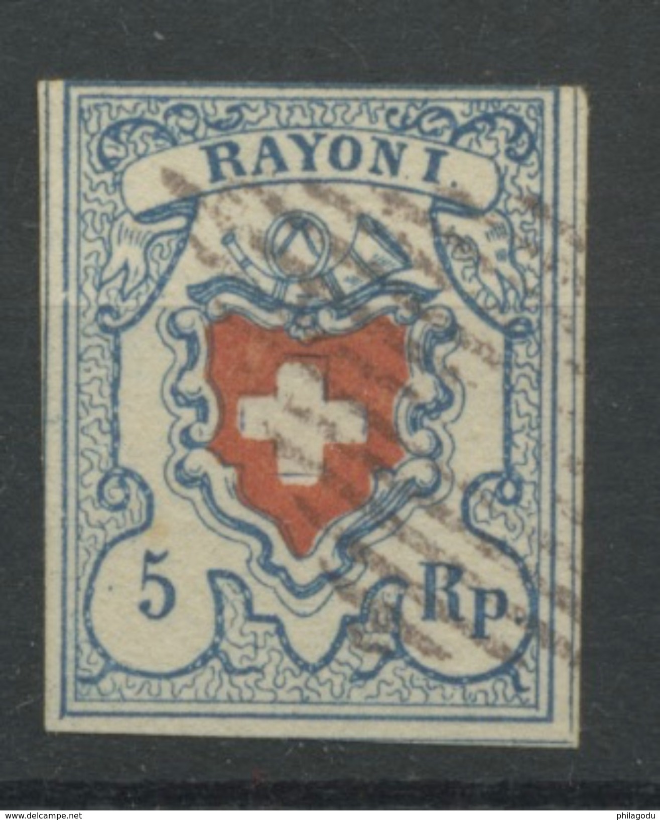 RAYON I  Bleu  Yvert N°14  Oblitération Noire  Cote  600 Euros Dans Yvert   ( Avec Voisins ) - 1843-1852 Federal & Cantonal Stamps