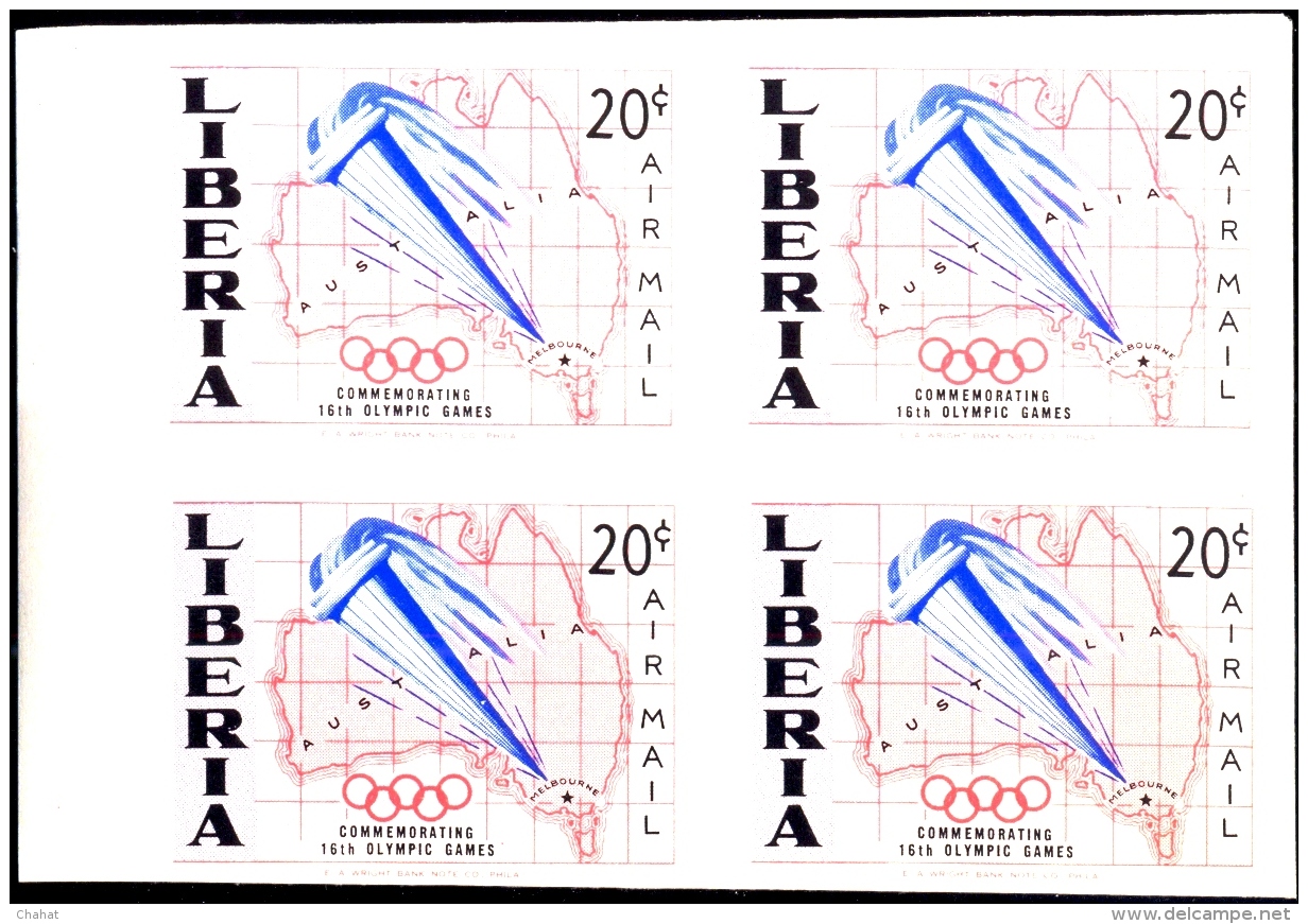 MELBOURNE OLYMPICS-OLYMPIC TORCH-IMPERF BLOCK OF 4-LIBERIA-1956-MNH-RARE-B9-829 - Estate 1956: Melbourne