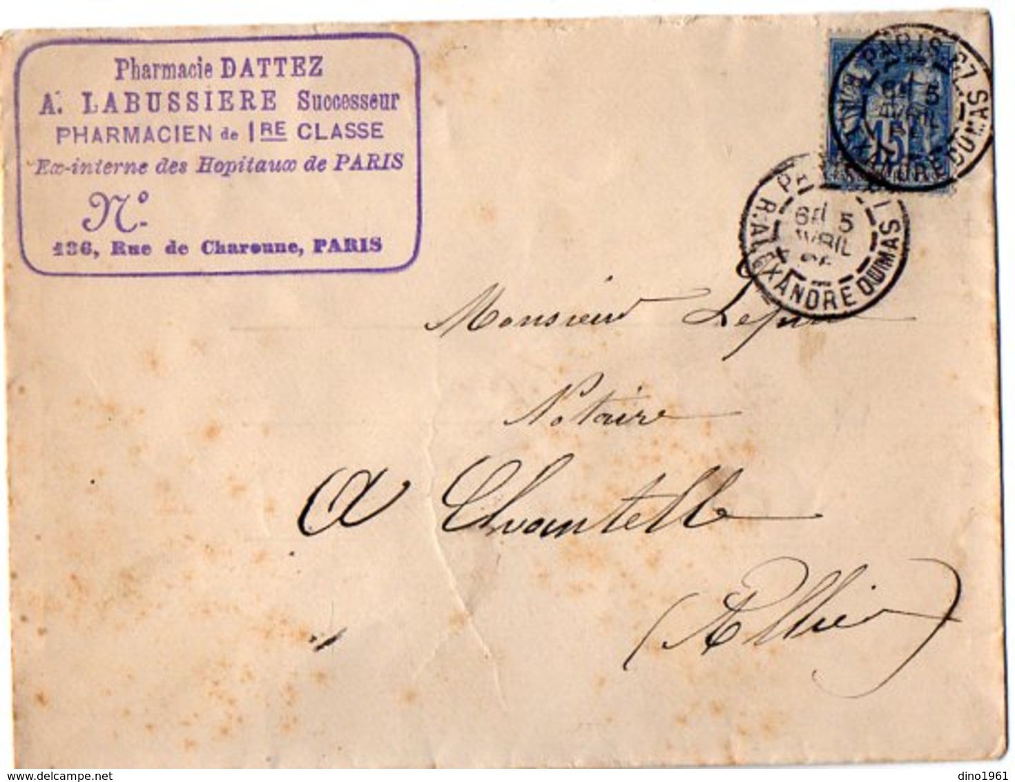 VP11.998 - Enveloppe - Pharmacie DATTEZ A. LABUSSIERE Successeur Pharmacien De 1re Classe à PARIS - 1800 – 1899