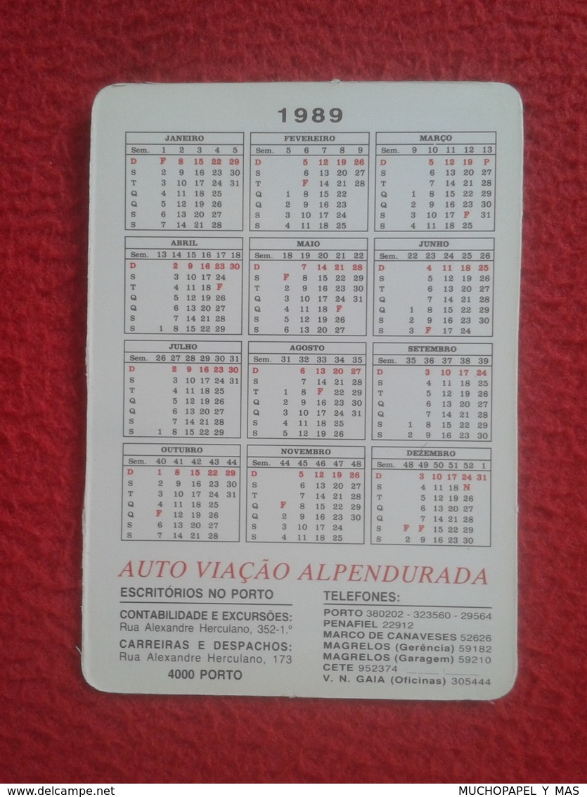 CALENDARIO DE BOLSILLO DE MANO PORTUGAL PORTUGUESE CALENDAR 1989 AUTOBUSES AUTOCARES AUTO VIAÇAO ALPENDURADA PORTO - Tamaño Pequeño : 1981-90