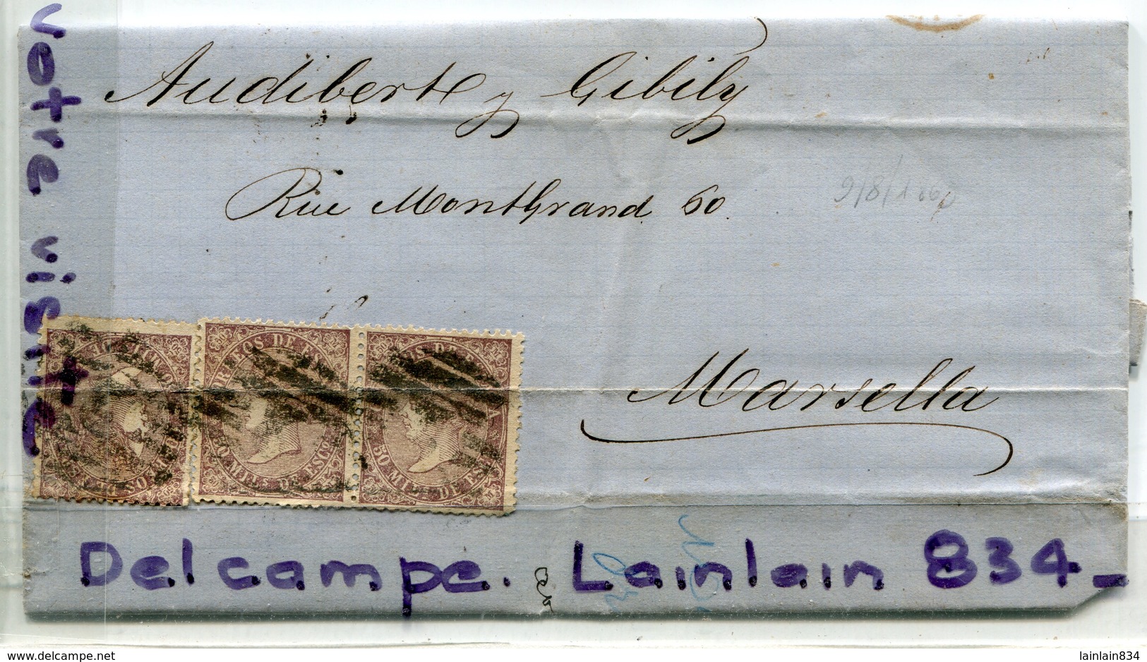 - Espagne - Lettre Plié De Barcelone - 1869, 3 Timbres, Pour Marseille, Audibert, Nombreux Cachets, Scans. - Lettres & Documents