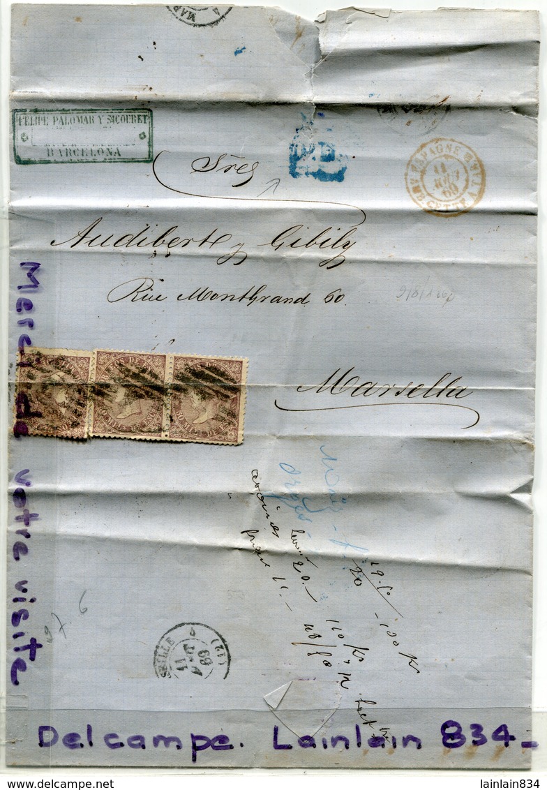 - Espagne - Lettre Plié De Barcelone - 1869, 3 Timbres, Pour Marseille, Audibert, Nombreux Cachets, Scans. - Covers & Documents