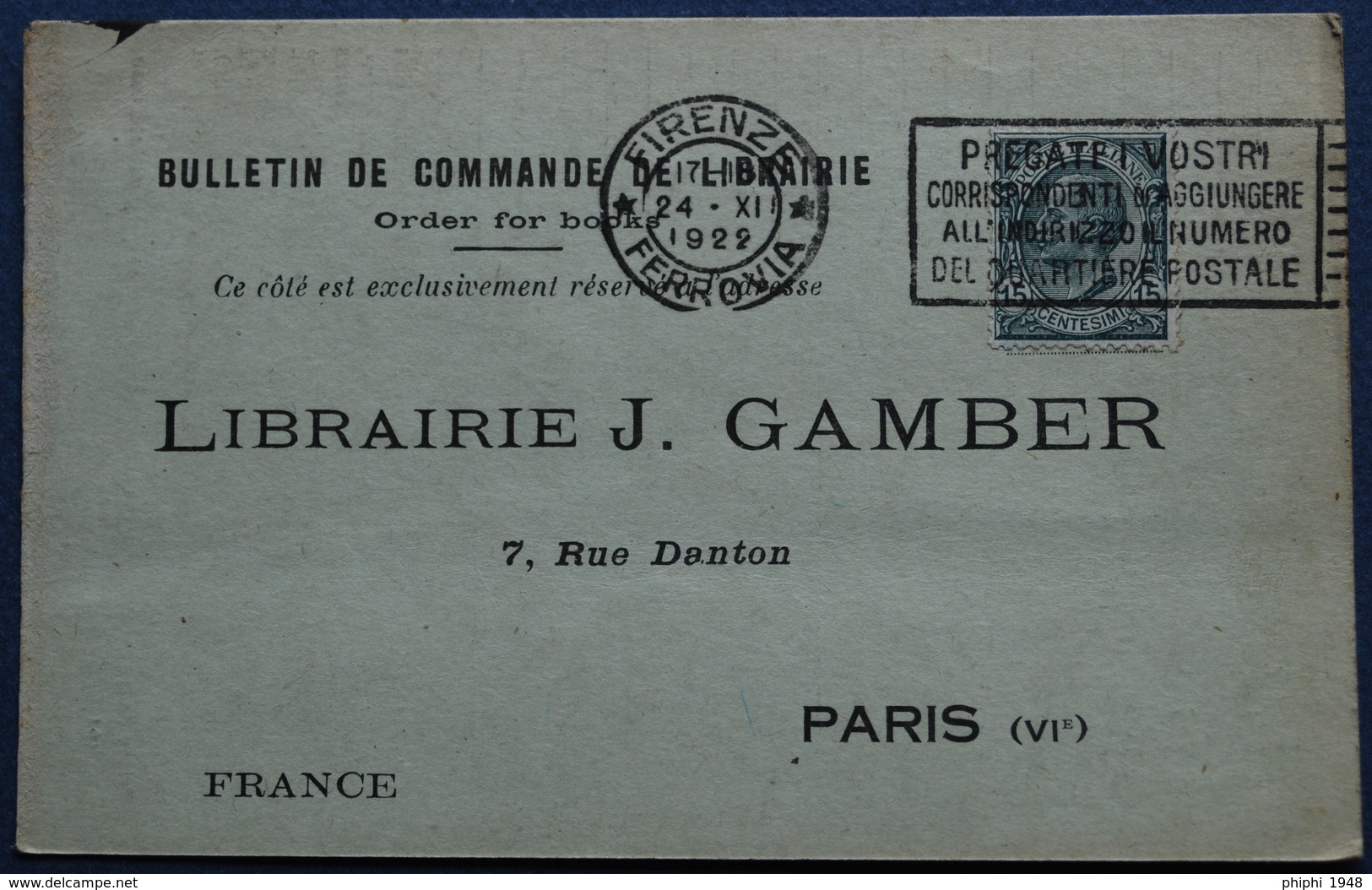 Carte Commerciale FIRENZE Pour PARIS. 1922. - Marcophilia