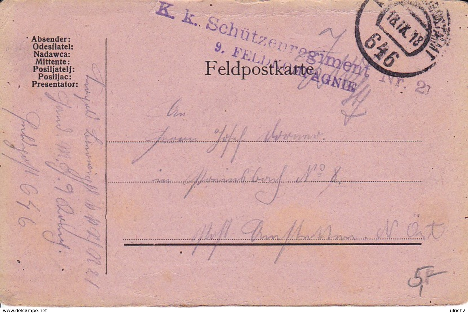 Feldpostkarte - K.k. Schützenregiment Nr. 21 - 1918 (34606) - Briefe U. Dokumente