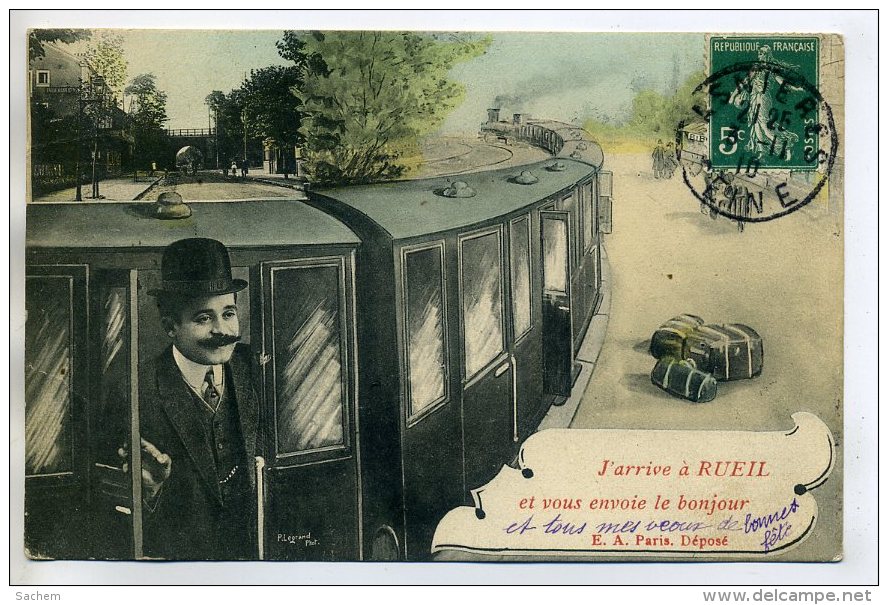 92 RUEIL MALMAISON Gare  Voyageur Train " J'arrive à " Timbrée 1910     /D12-2018 - Rueil Malmaison