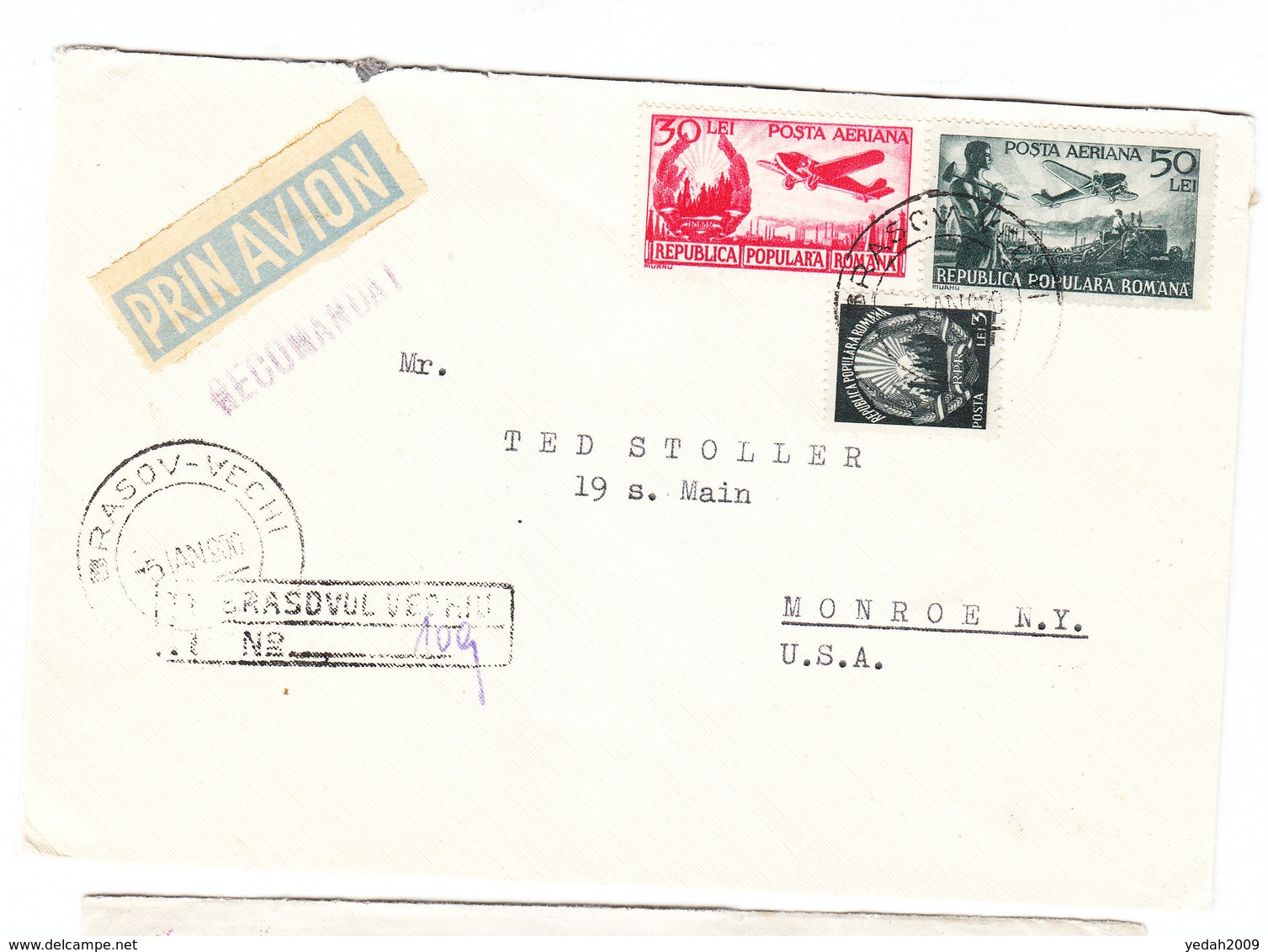 Romania REGISTERED AIRMAIL COVER TO USA 1950 - Briefe U. Dokumente