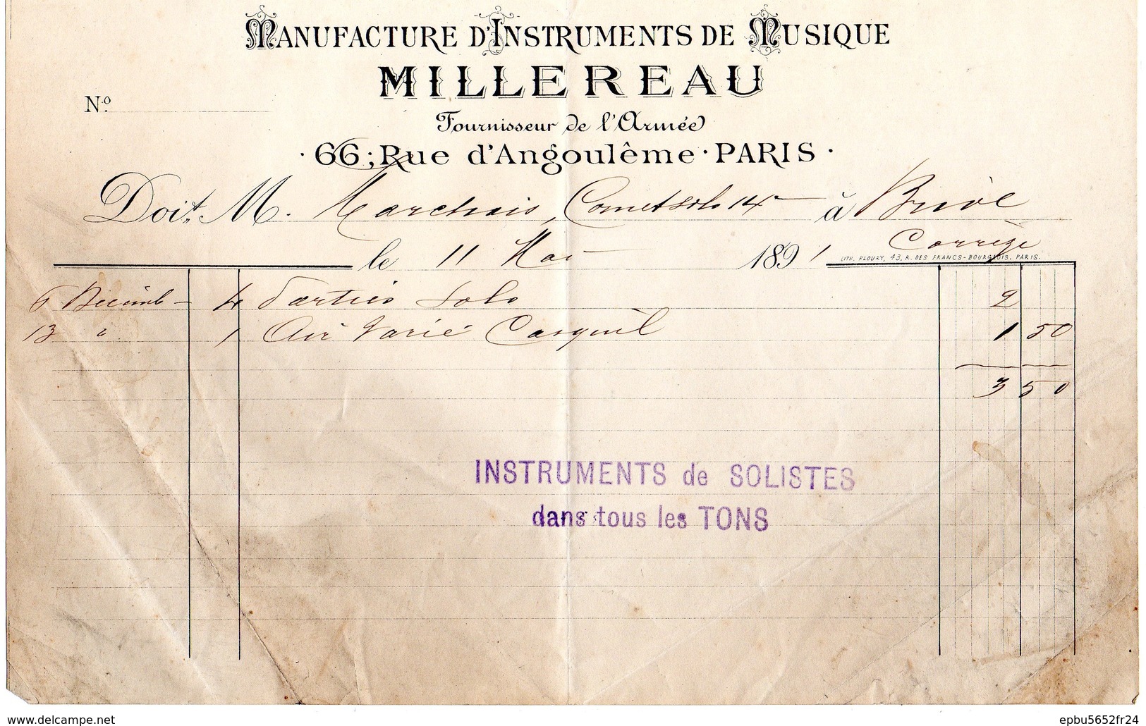 Facture  Du 11/05/1891  Manufacture D'Instruments De Musique MILLEREAU  66 Rue D'Angoulême Paris  Fournisseur De L'armée - 1800 – 1899