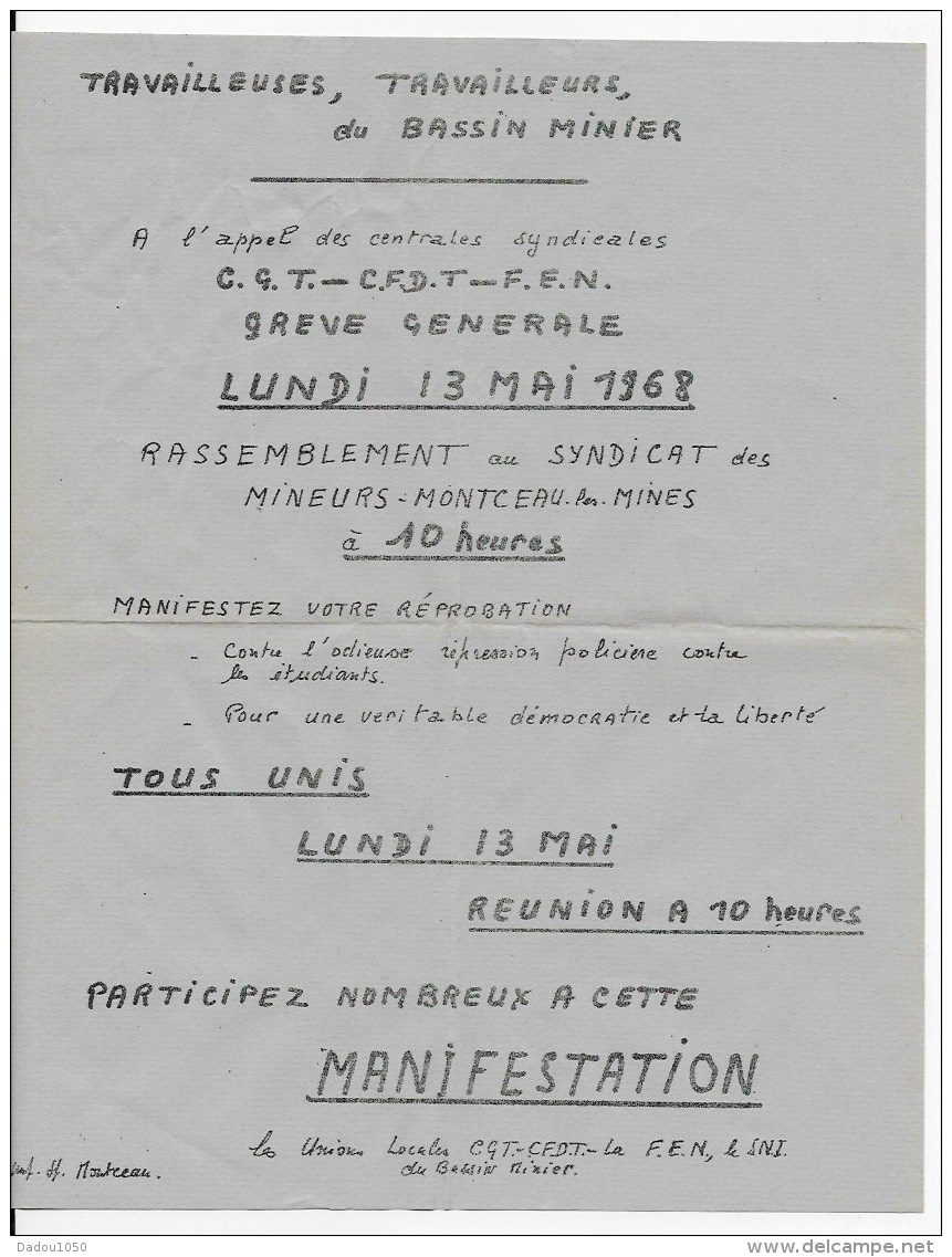 Affiche Appel à La Greve 13 MAI 1968 à Montceau Les Mines - Affiches