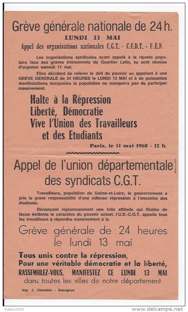 Affiche Appel à La Greve 13 MAI 1968 En Saone Et Loire - Affiches